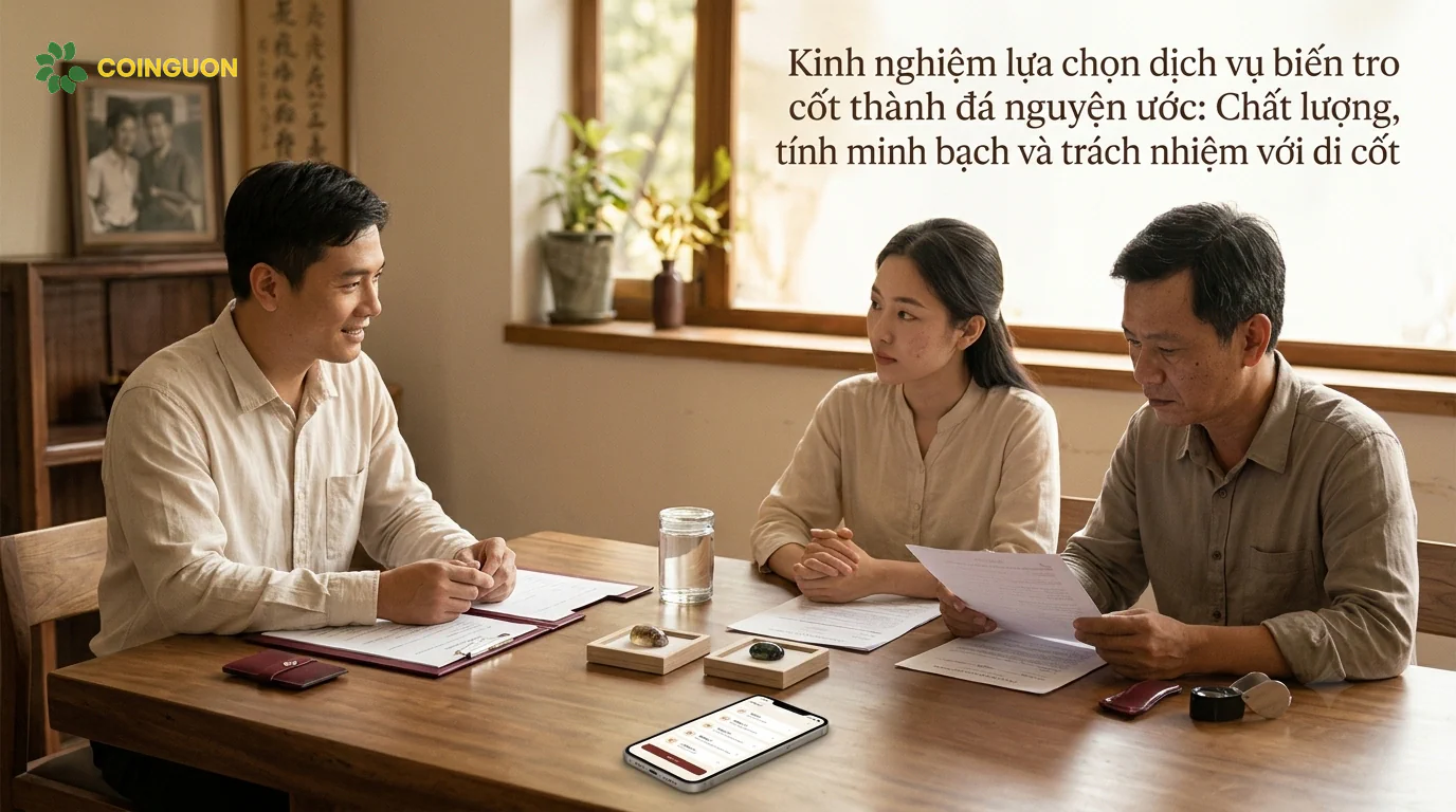 Gia đình trao đổi với chuyên viên dịch vụ về hồ sơ, quy trình chế tác, chất lượng và trách nhiệm bảo quản tro cốt - Cội Nguồn ORA