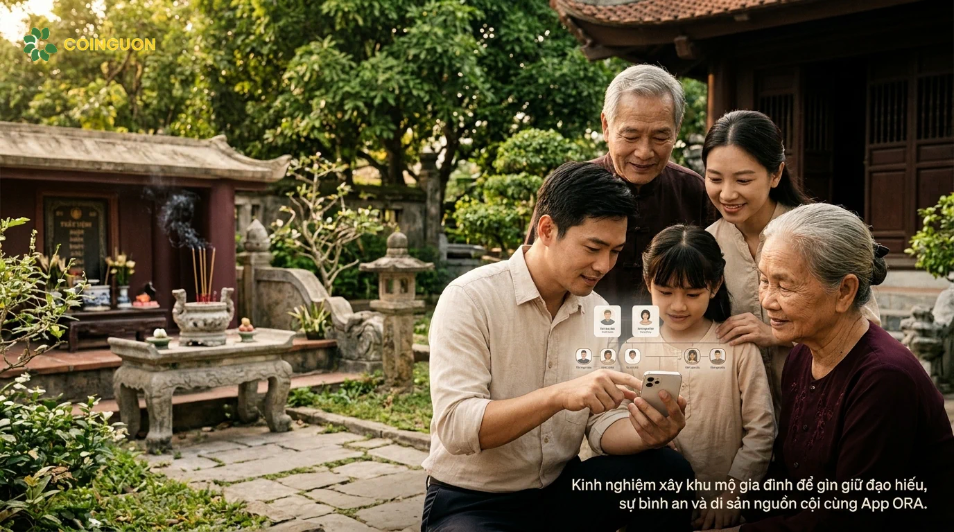 Gia đình nhiều thế hệ tưởng nhớ tổ tiên tại khu mộ gia đình và cùng xem cây gia phả số trên điện thoại, thể hiện sự kết nối giữa đạo hiếu truyền thống và công nghệ ORA - Cội Nguồn