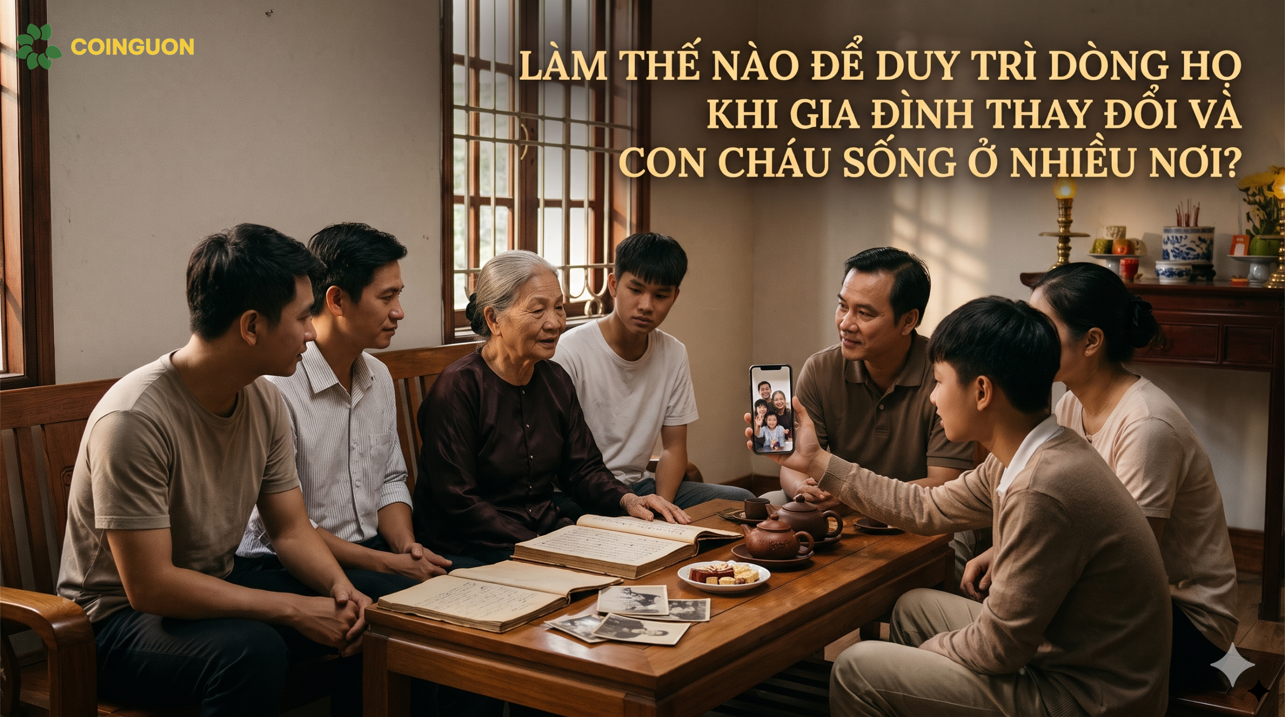 Gia đình Việt trò chuyện qua điện thoại với người thân ở xa bên bàn trà và gia phả giấy, thể hiện cách duy trì gắn kết dòng họ trong cuộc sống hiện đại - Cội Nguồn ORA
