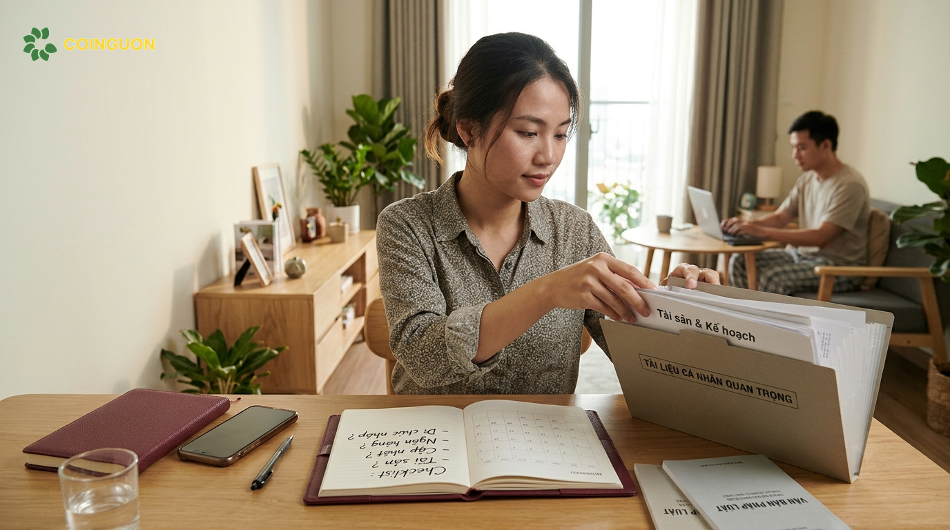 Người trẻ sắp xếp giấy tờ và rà soát kế hoạch cá nhân tại nhà, minh họa cách lập di chúc phù hợp với hoàn cảnh sống và hạn chế rủi ro về sau.