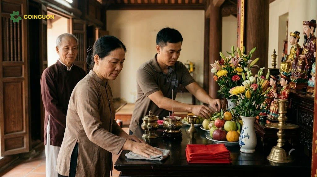 Gia đình và người thực hành tín ngưỡng cùng chuẩn bị, vệ sinh và chăm sóc bàn thờ Công Đồng Tứ Phủ trong không gian thờ tự truyền thống - Cội Nguồn ORA
