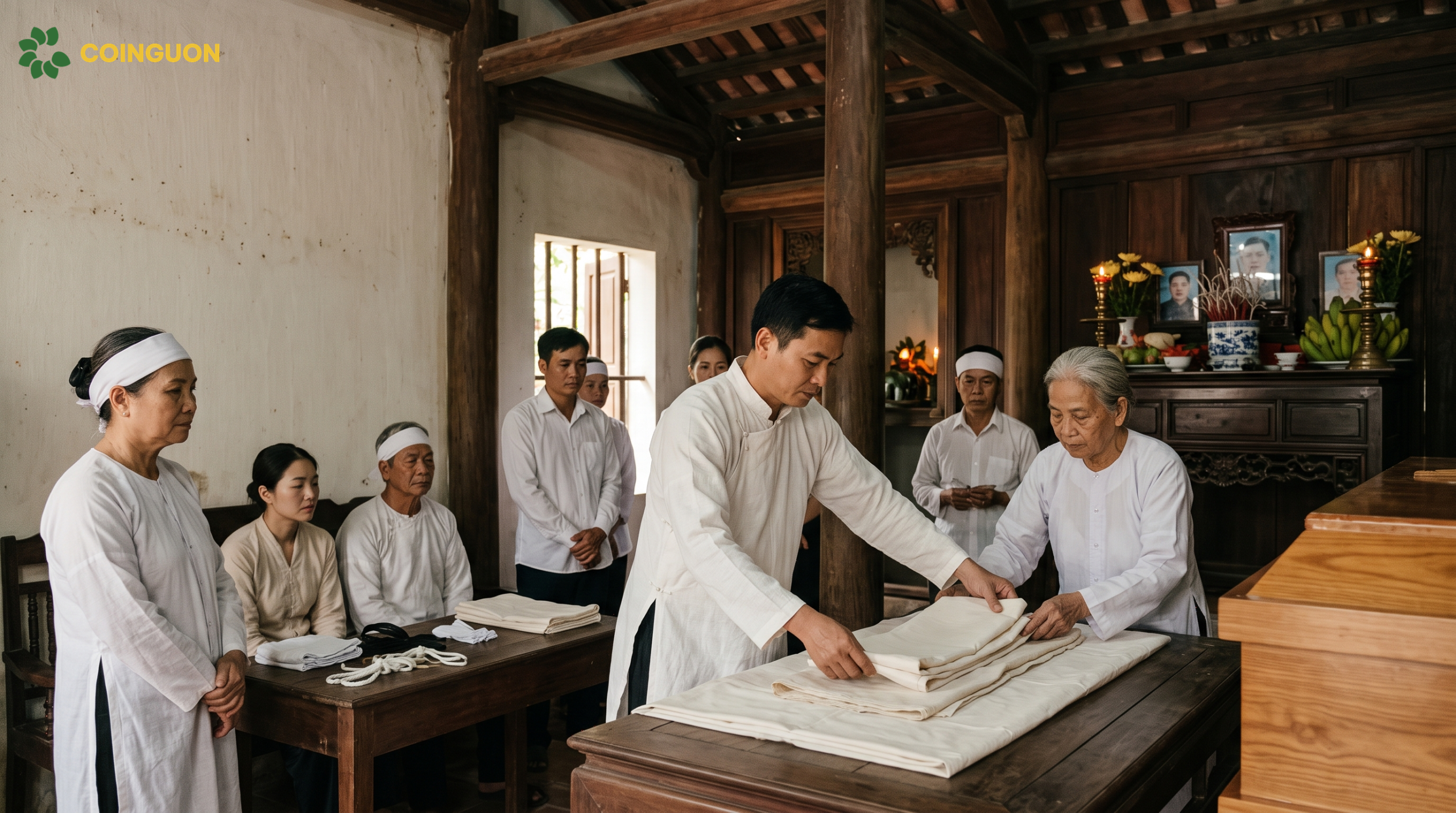 Lễ khâm liệm cho người mới mất trong tang lễ truyền thống Việt Nam, gia đình chuẩn bị vải liệm và nghi thức trang nghiêm - Cội Nguồn ORA