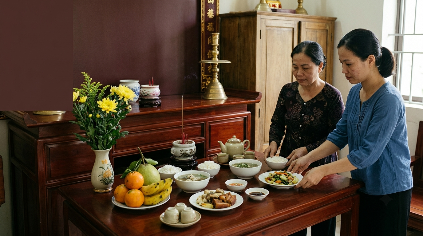 Mâm lễ cúng Đại tường với cơm canh, hoa tươi, trái cây và các món ăn gia đình chuẩn bị chu đáo - Cội Nguồn ORA