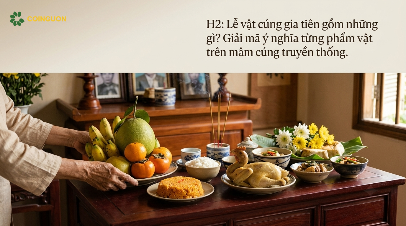 Lễ vật cúng gia tiên truyền thống gồm mâm ngũ quả, xôi, gà luộc, cơm, nước sạch, hoa tươi và hương trên bàn thờ gia đình Việt - Cội Nguồn ORA