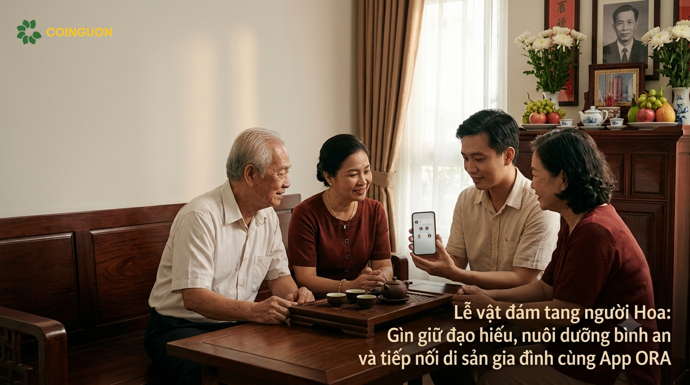 Ba thế hệ gia đình người Hoa sum vầy bên bàn trà cạnh bàn thờ gia tiên, cùng xem cây gia phả trên điện thoại để gìn giữ đạo hiếu và tiếp nối di sản gia đình - Cội Nguồn ORA