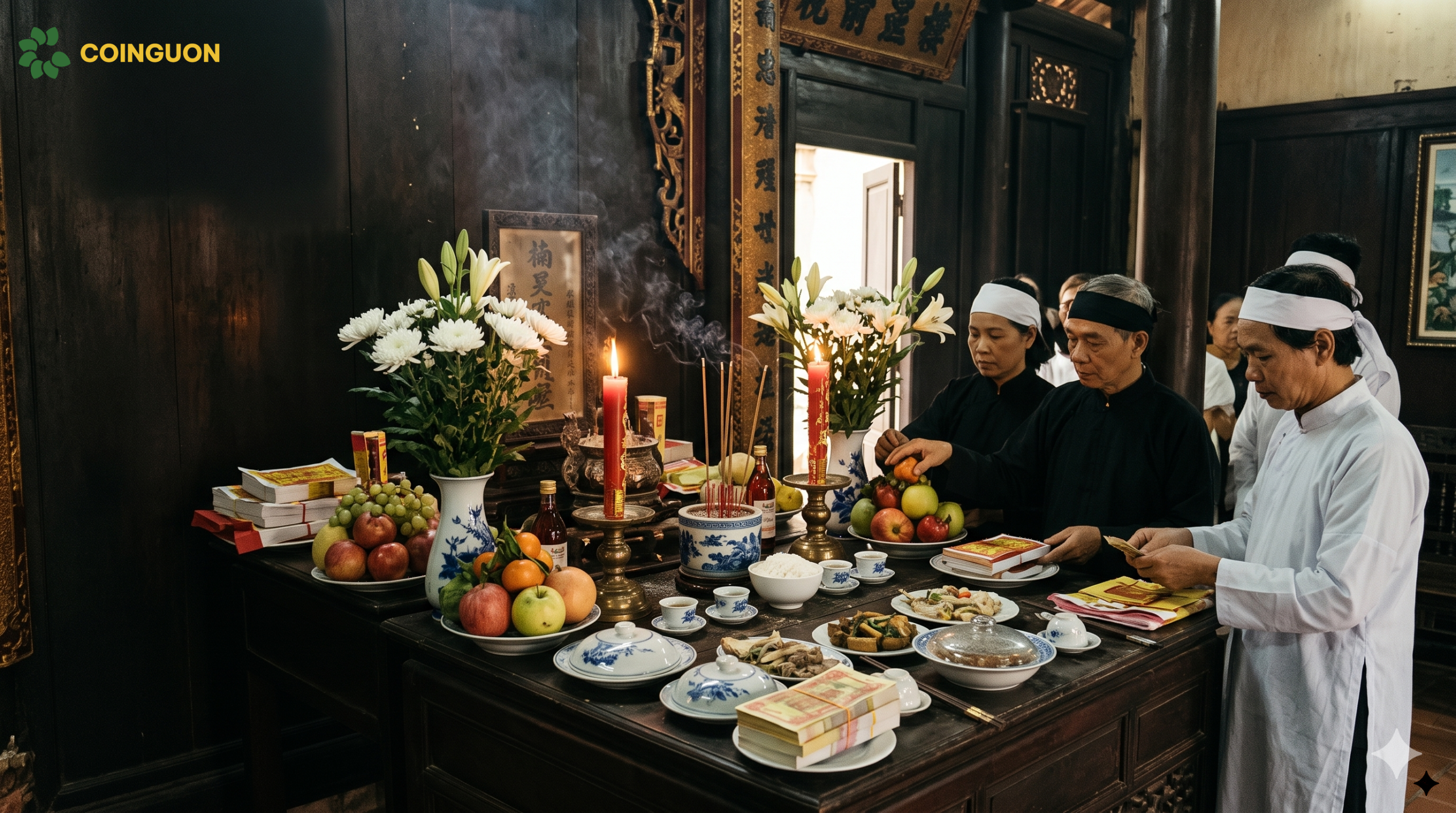Lễ vật đám tang người Hoa gồm mâm trái cây, hoa trắng, nhang đèn, trà và các phẩm vật được gia đình chuẩn bị trang nghiêm tại linh đường - Cội Nguồn ORA