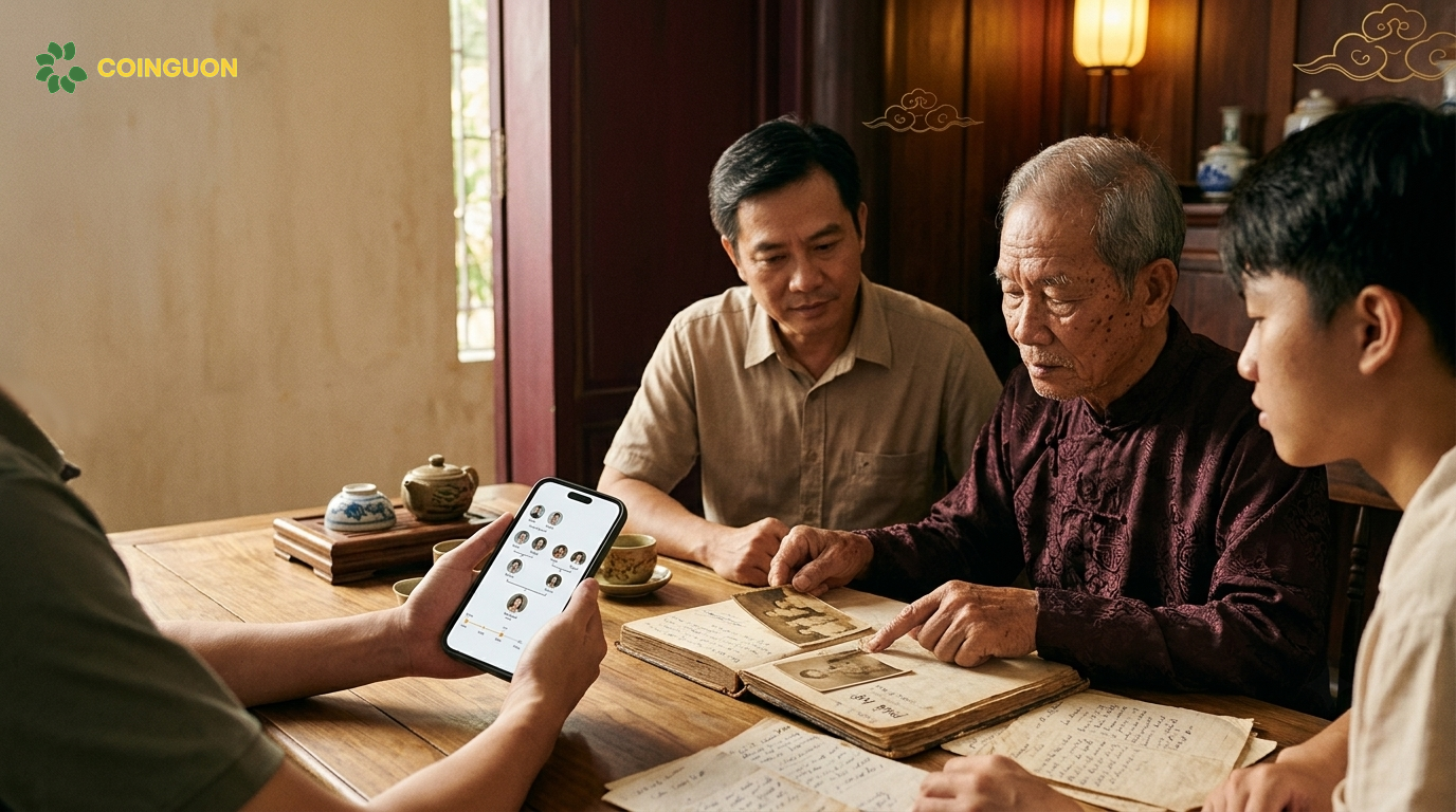 Gia đình Việt Nam cùng lưu giữ gia phả giấy, ảnh tổ tiên và tư liệu lịch sử trên thiết bị số với giao diện cây gia phả, thể hiện việc bảo tồn ký ức gia đình cho mai sau – Cội Nguồn ORA