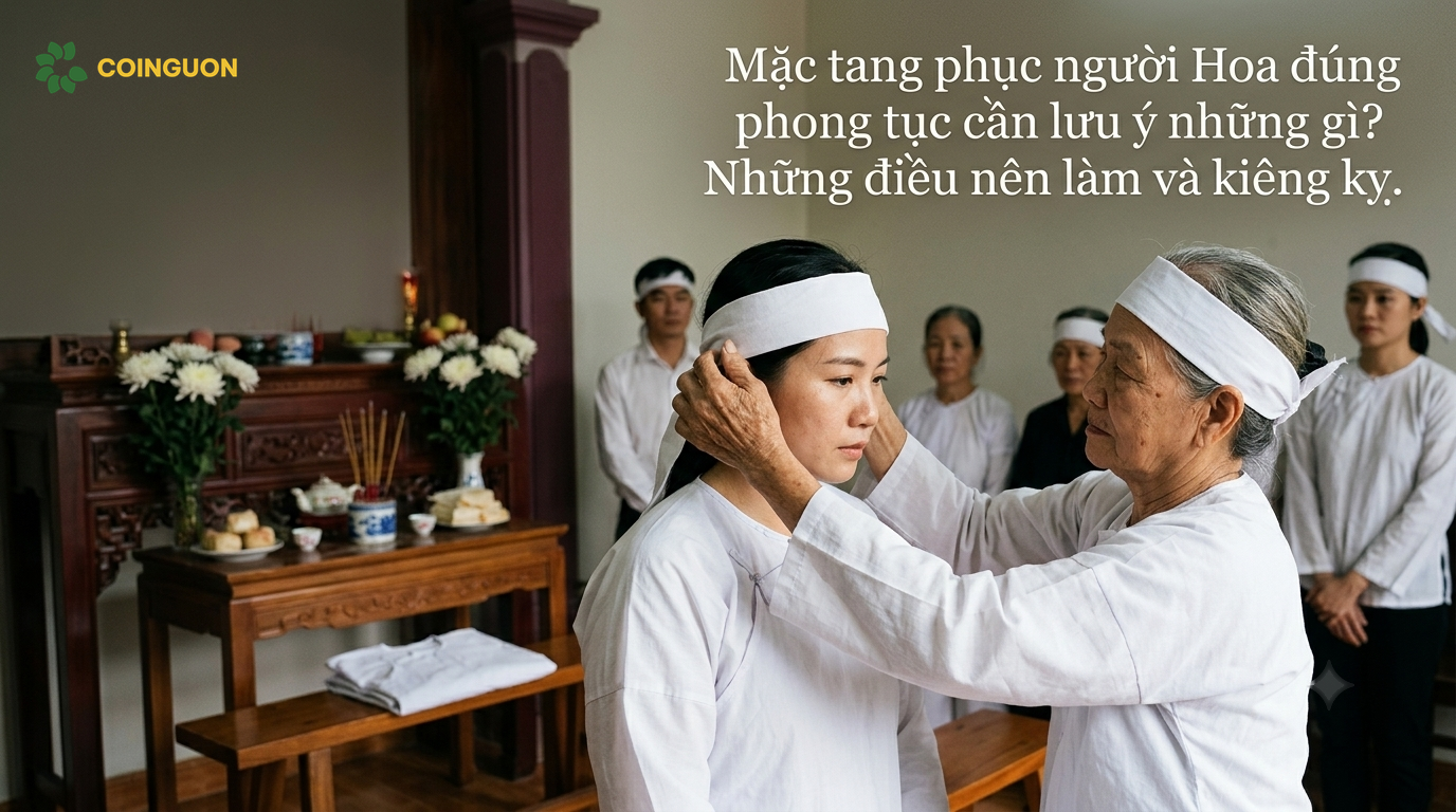 Người thân hướng dẫn chỉnh khăn tang và áo tang đúng phong tục, thể hiện sự trang nghiêm và tôn trọng nghi lễ tang ma người Hoa - Cội Nguồn ORA