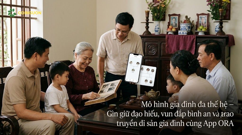 Gia đình Việt Nam nhiều thế hệ quây quần gìn giữ đạo hiếu và ký ức tổ tiên, kết hợp album gia đình với gia phả số trên điện thoại - Cội Nguồn ORA