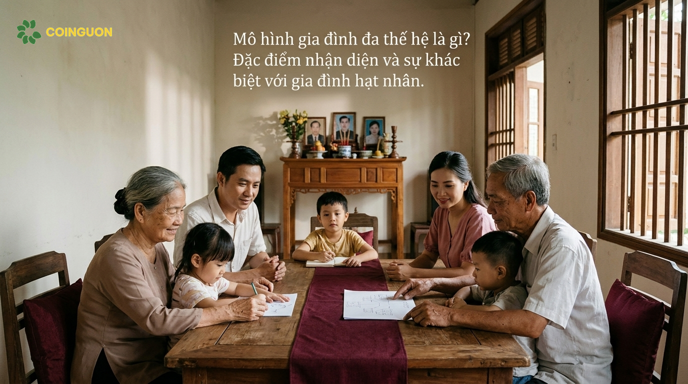 Gia đình Việt Nam ba thế hệ cùng sinh hoạt trong ngôi nhà truyền thống, thể hiện đặc điểm của mô hình gia đình đa thế hệ - Cội Nguồn ORA