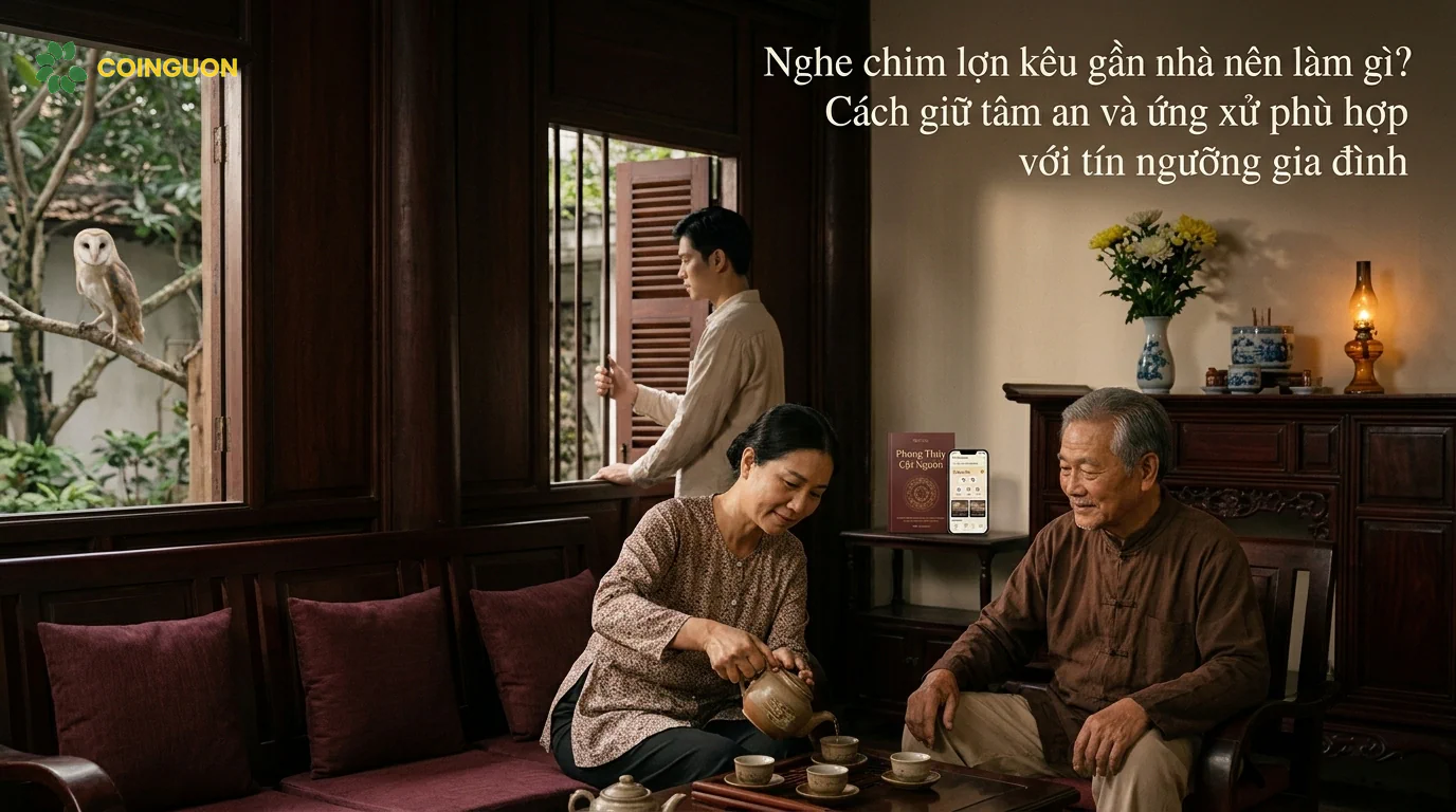 Gia đình Việt Nam bình tĩnh trò chuyện bên bàn trà và bàn thờ gia tiên sau khi nghe tiếng chim lợn, thể hiện cách ứng xử an yên và phù hợp với tín ngưỡng - Cội Nguồn ORA