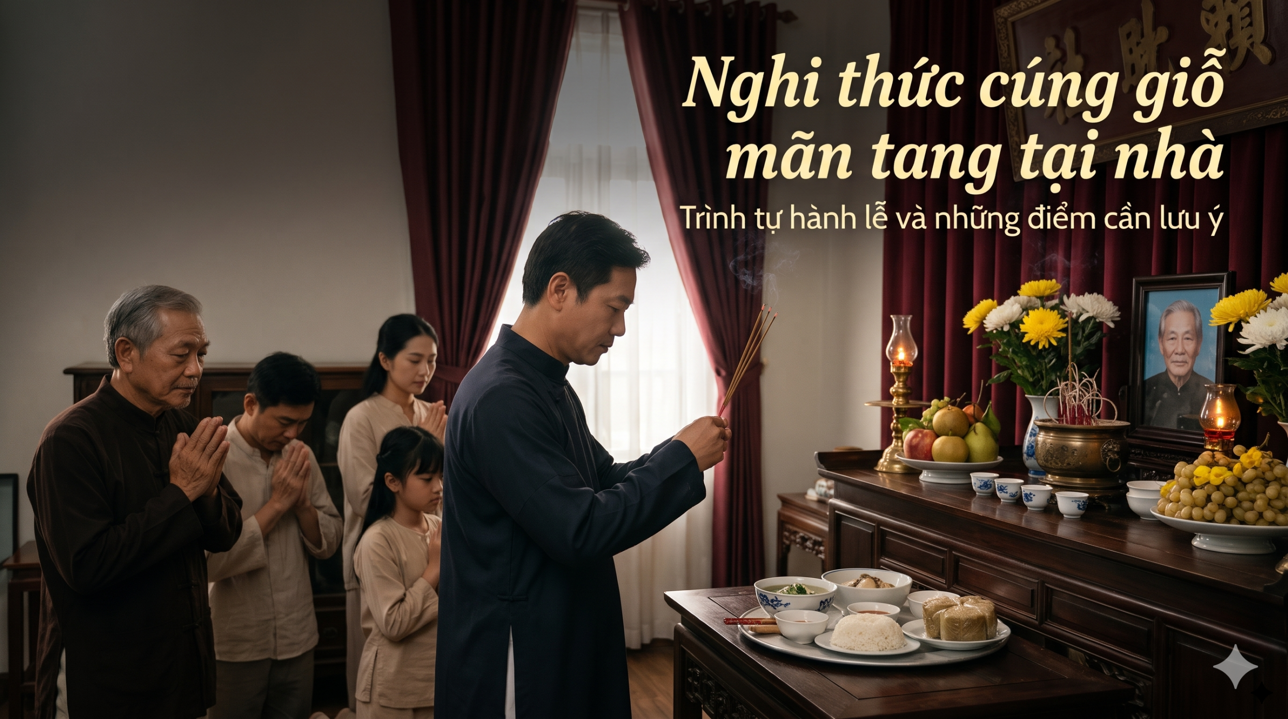 Gia đình Việt thực hiện nghi thức dâng hương trước bàn thờ gia tiên trong lễ giỗ mãn tang - Cội Nguồn ORA