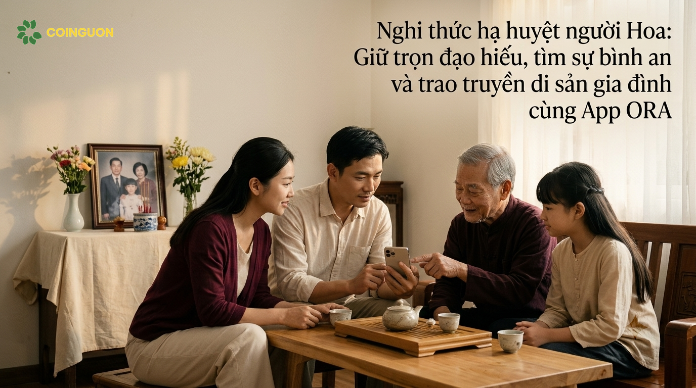 Gia đình nhiều thế hệ cùng lưu giữ ký ức tổ tiên và xem cây gia phả số trên điện thoại, thể hiện sự kết nối giữa đạo hiếu truyền thống và công nghệ ORA - Cội Nguồn