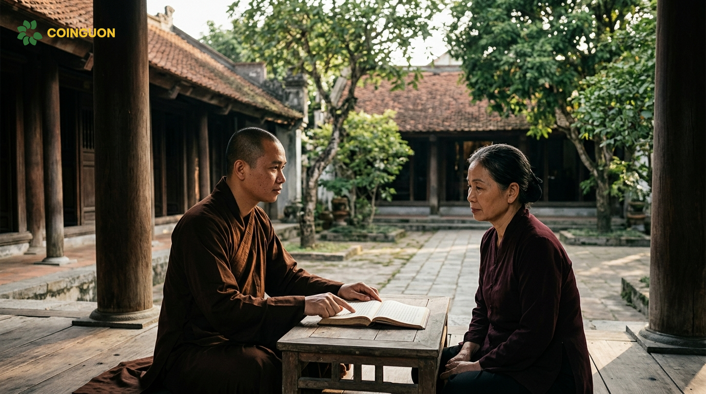 Nhà sư Việt Nam cùng Phật tử suy ngẫm về giáo lý nhân quả và luân hồi trong không gian chùa thanh tịnh - Cội Nguồn ORA