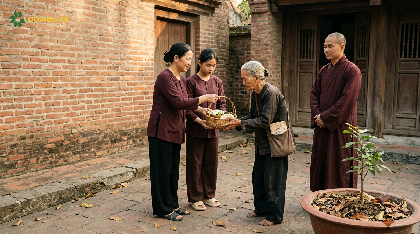 Hai thế hệ trong gia đình Việt thực hành lòng từ bi tại chùa, gợi mở giáo lý nghiệp và nhân duyên trong tái sinh - Cội Nguồn ORA