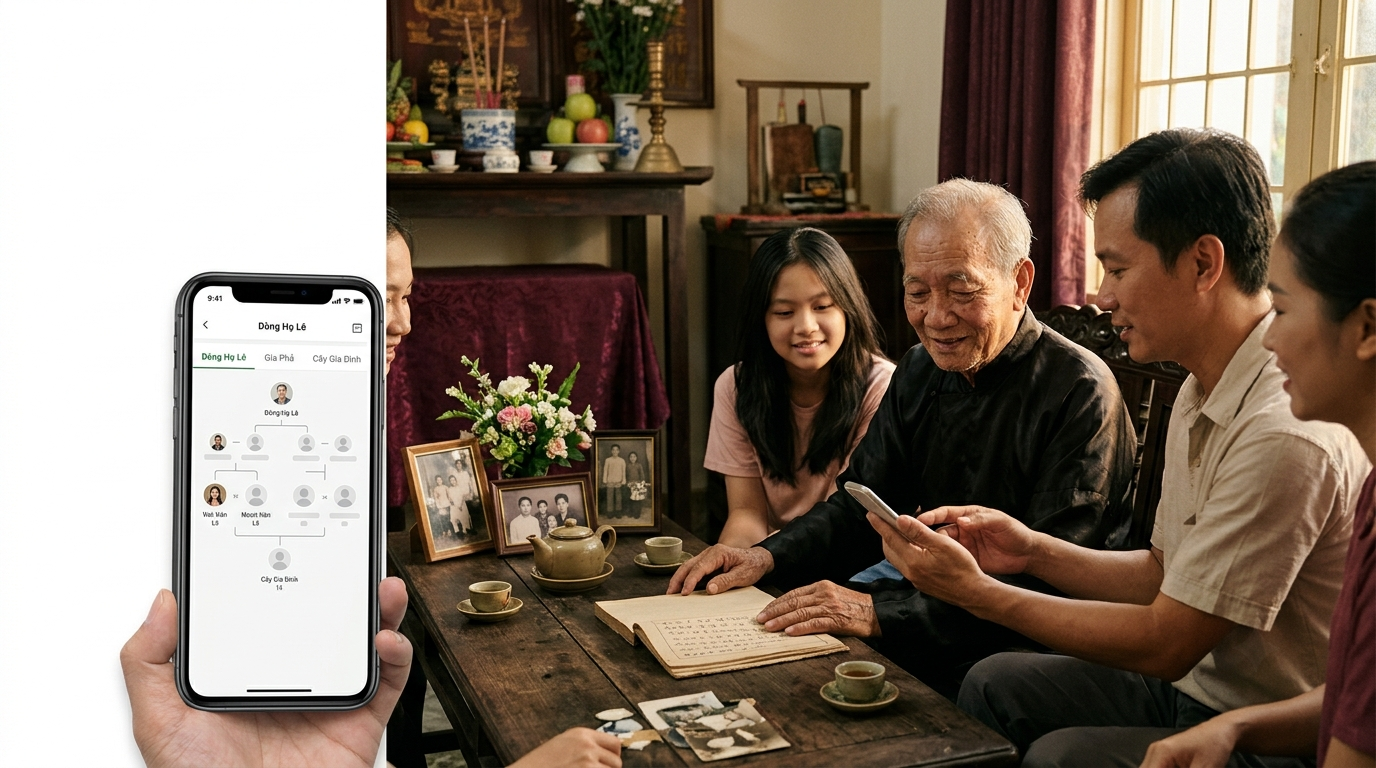 Gia đình Việt Nam nhiều thế hệ cùng xem gia phả số trên điện thoại, kết nối truyền thống hiếu kính với công nghệ hiện đại - Cội Nguồn ORA