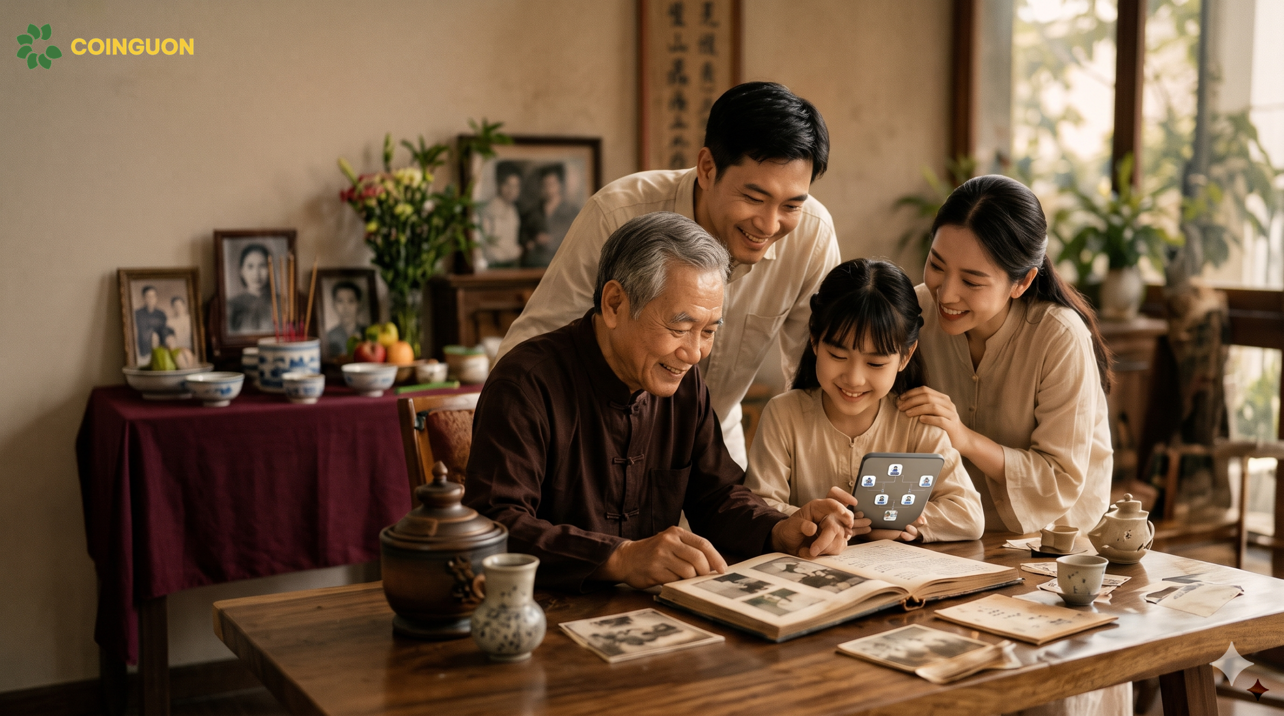 Gia đình Việt nhiều thế hệ cùng xem cây gia phả số trên điện thoại bên bàn thờ gia tiên, kết hợp công nghệ với đạo hiếu và hành trình gìn giữ cội nguồn - Cội Nguồn ORA