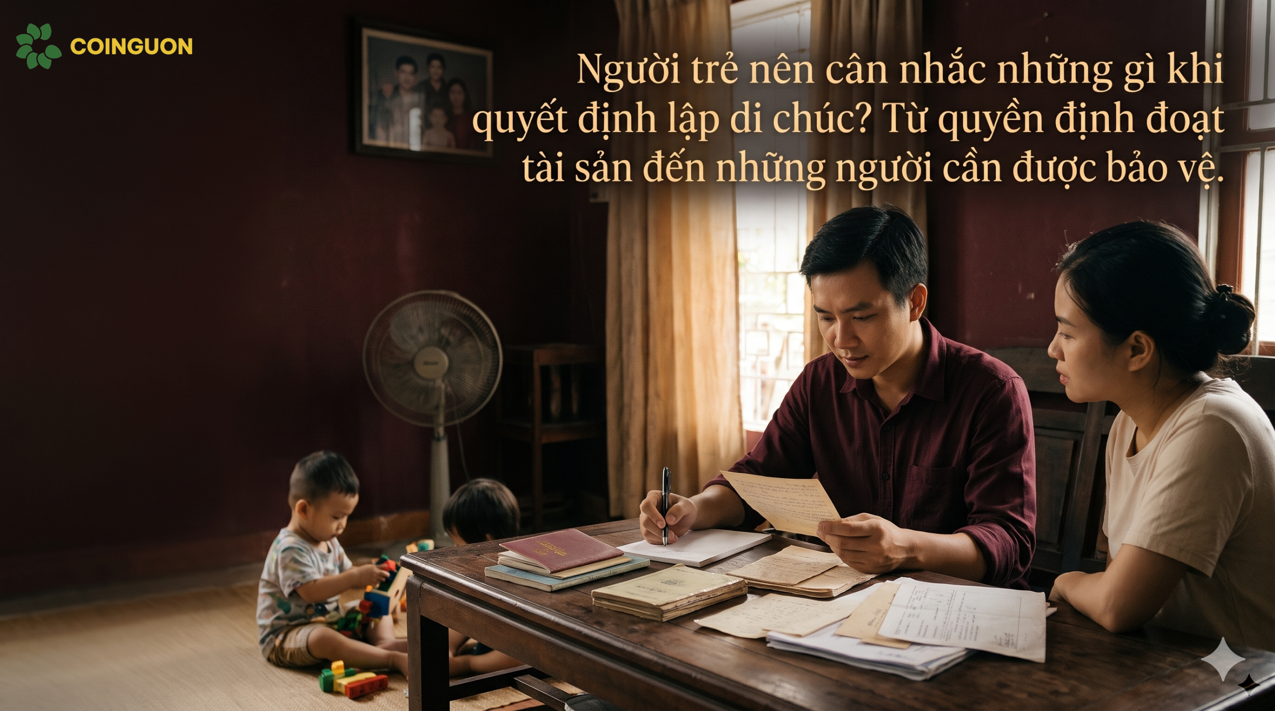 Người trẻ Việt Nam cân nhắc giấy tờ tài sản và kế hoạch bảo vệ gia đình, thể hiện những yếu tố cần xem xét trước khi quyết định lập di chúc.