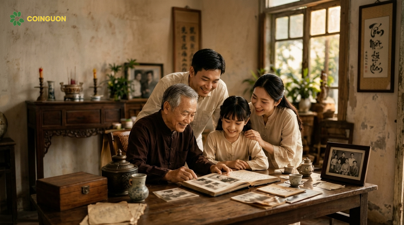 Người cao tuổi chia sẻ gia phả và câu chuyện tổ tiên với con cháu bên bàn gỗ trong ngôi nhà Việt truyền thống - Cội Nguồn ORA