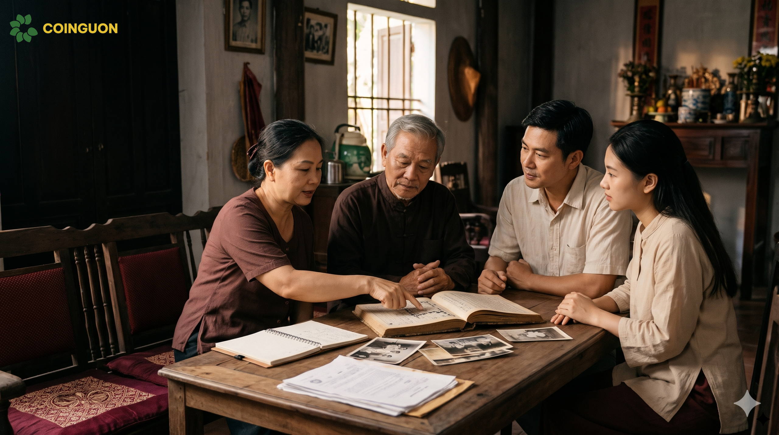 Các thành viên nam và nữ trong gia đình cùng thảo luận, làm rõ cách hiểu về nam đinh và việc ghi nhận gia phả - Cội Nguồn ORA