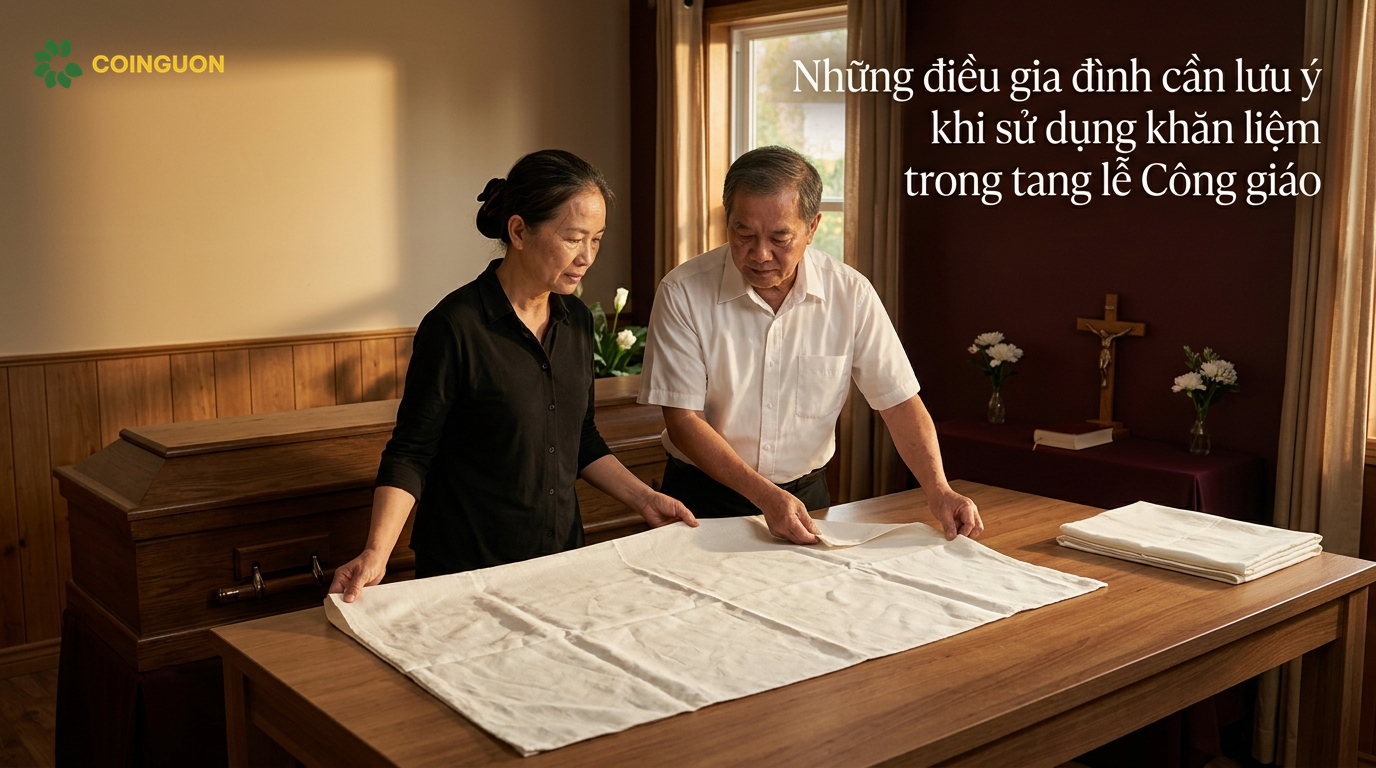 Người thân kiểm tra độ sạch, kích thước và cách chuẩn bị khăn liệm trước tang lễ Công giáo - Cội Nguồn ORA