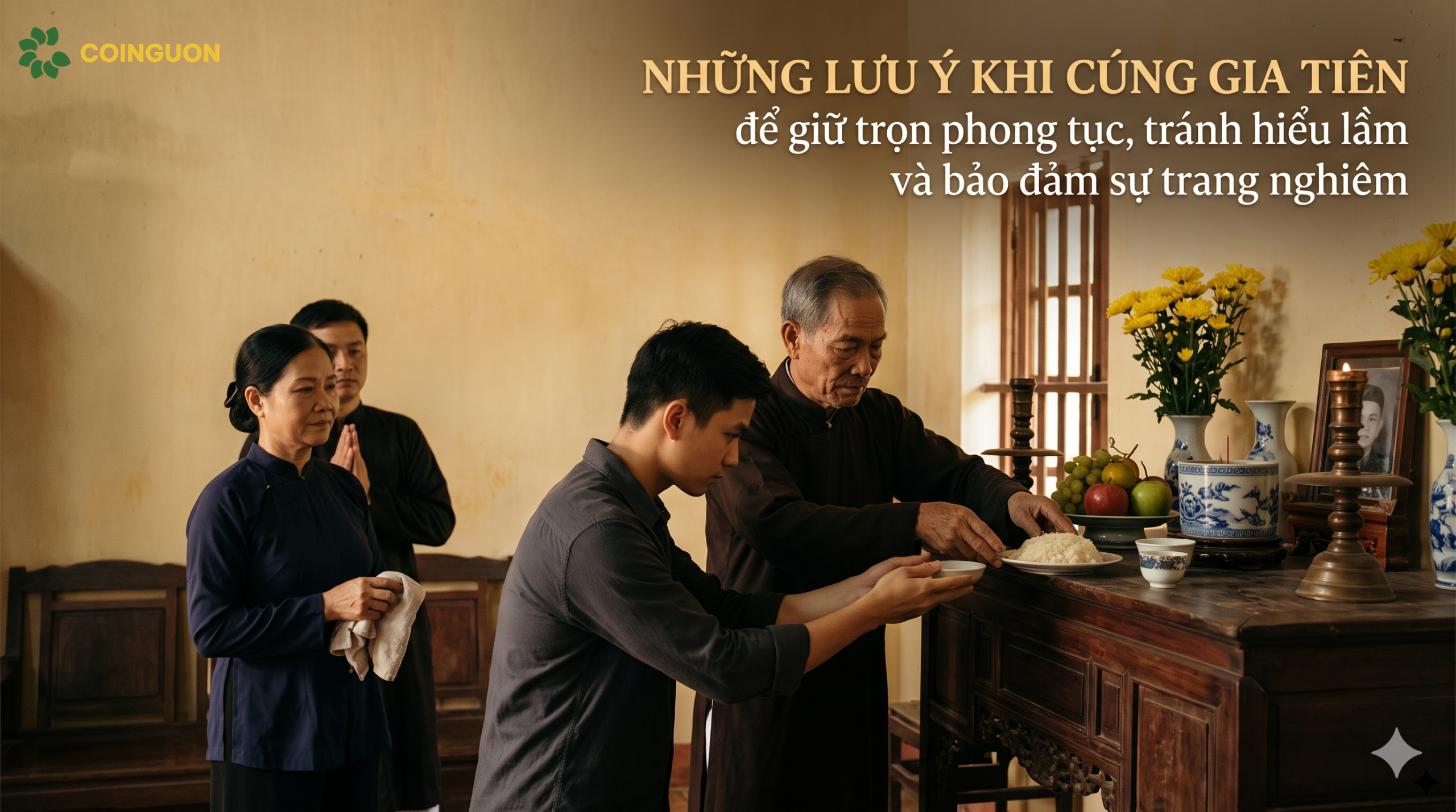 Những lưu ý khi cúng gia tiên qua hình ảnh người ông hướng dẫn cháu sắp xếp lễ vật đúng cách, giữ bàn thờ sạch sẽ và nghi lễ thành kính - Cội Nguồn ORA