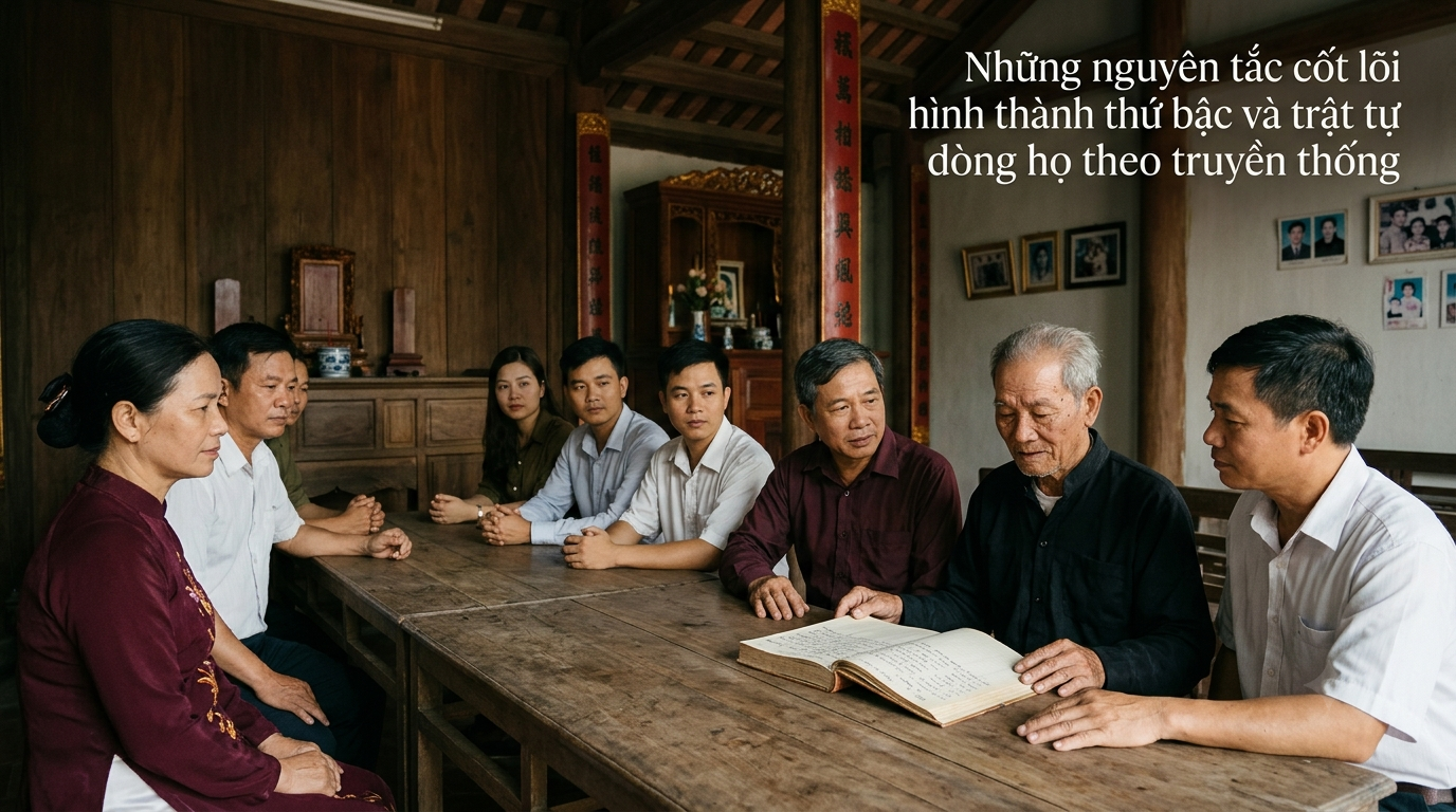 Những nguyên tắc hình thành thứ bậc dòng họ - Người cao tuổi cùng các thành viên gia tộc Việt Nam xem gia phả và trao đổi trong từ đường, Cội Nguồn ORA
