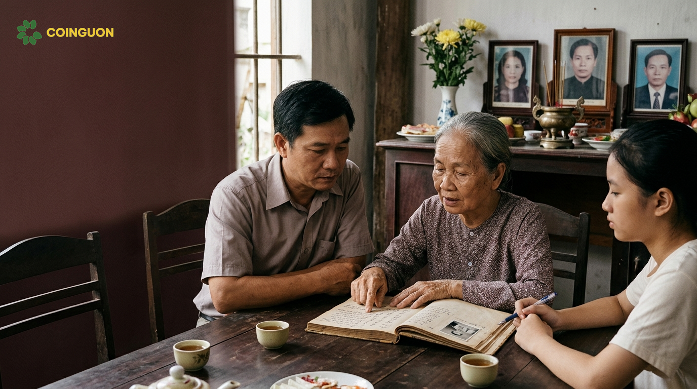 Người lớn tuổi giải thích gia phả cho con cháu, giúp làm rõ vai vế tổ tiên và gìn giữ nguyên tắc tôn kính trong gia đình Việt Nam - Cội Nguồn ORA