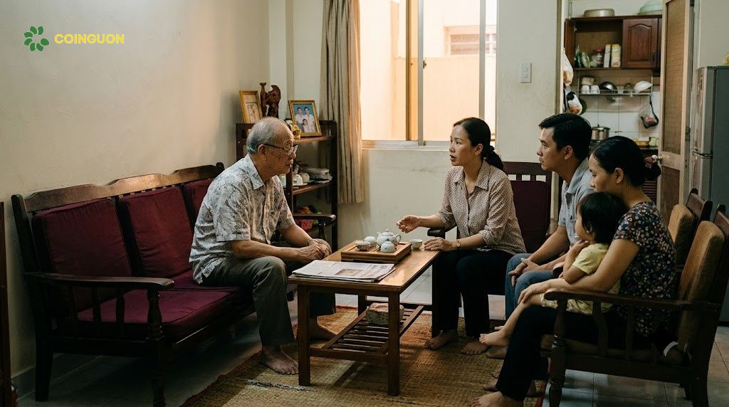 Các thành viên trong gia đình đa thế hệ bình tĩnh trò chuyện và lắng nghe nhau để giải quyết khác biệt, xây dựng sự hòa thuận bền vững - Cội Nguồn ORA