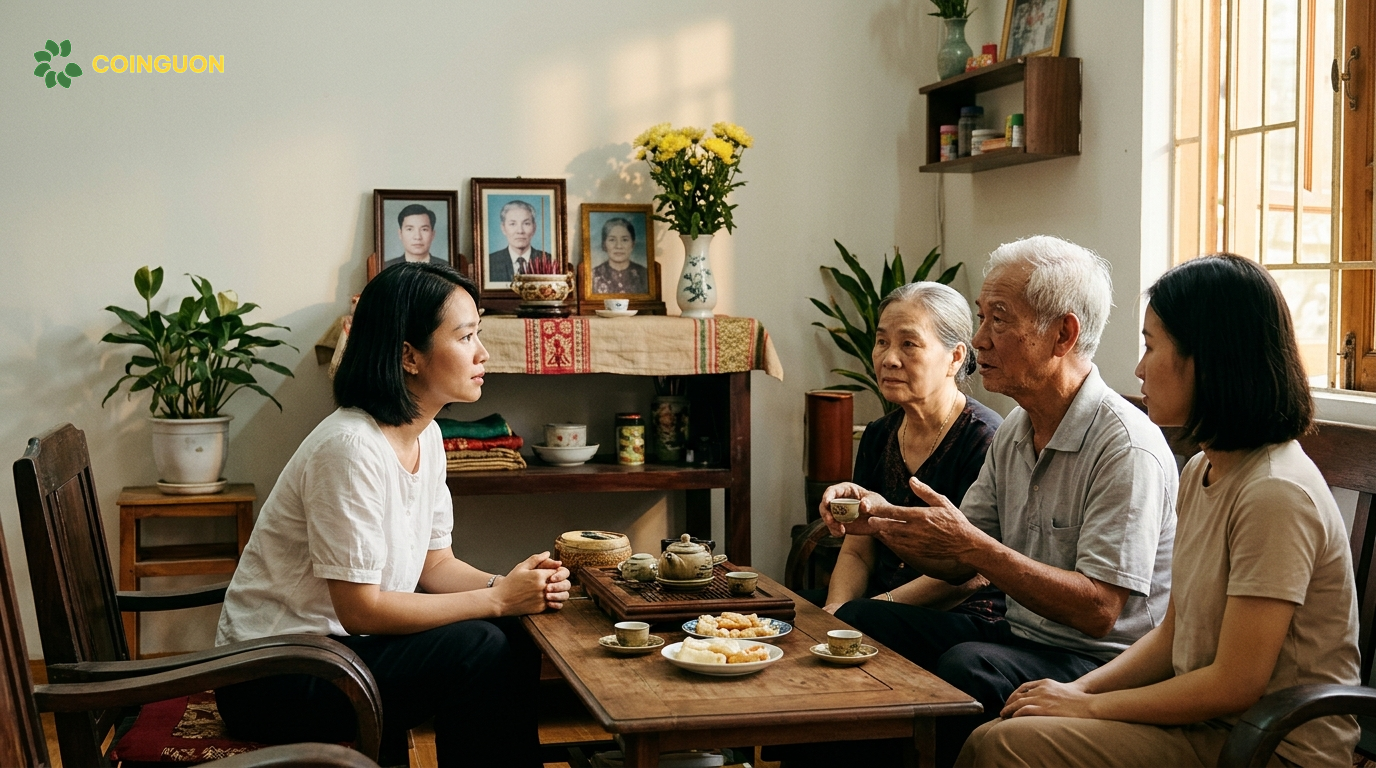 Gia đình Việt Nam nhiều thế hệ trò chuyện chân thành và tôn trọng nhau về những nguyện vọng cuối đời trong không gian gia đình truyền thống - Cội Nguồn ORA