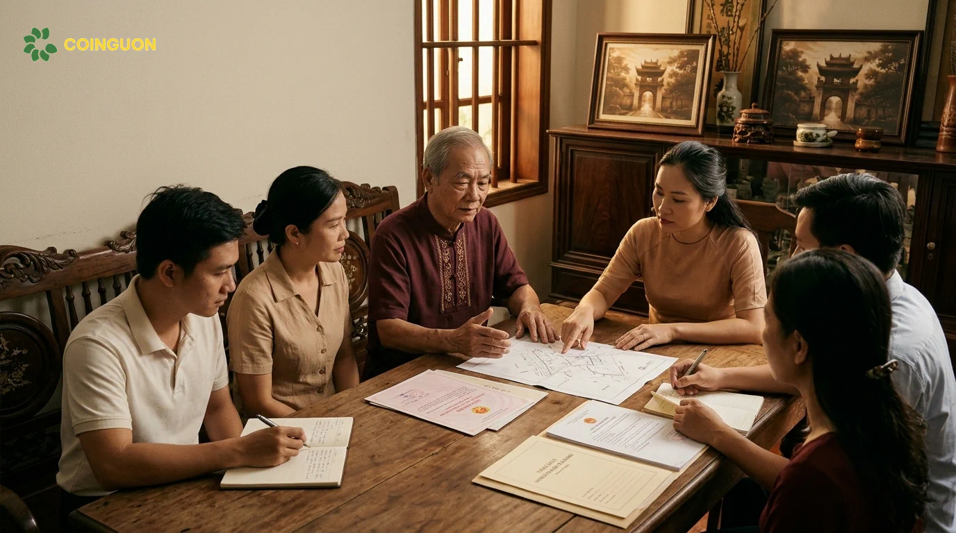 Cha mẹ và các con cùng xem xét hồ sơ nhà đất, trao đổi quyền lợi và trách nhiệm trong quá trình chuyển giao tài sản thừa kế - Cội Nguồn ORA