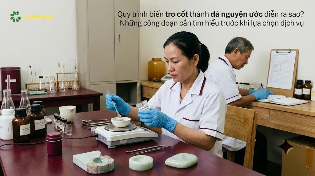 Chuyên viên cẩn trọng thực hiện các công đoạn chuẩn bị và kiểm soát quy trình chế tác đá tưởng niệm từ tro cốt - Cội Nguồn ORA