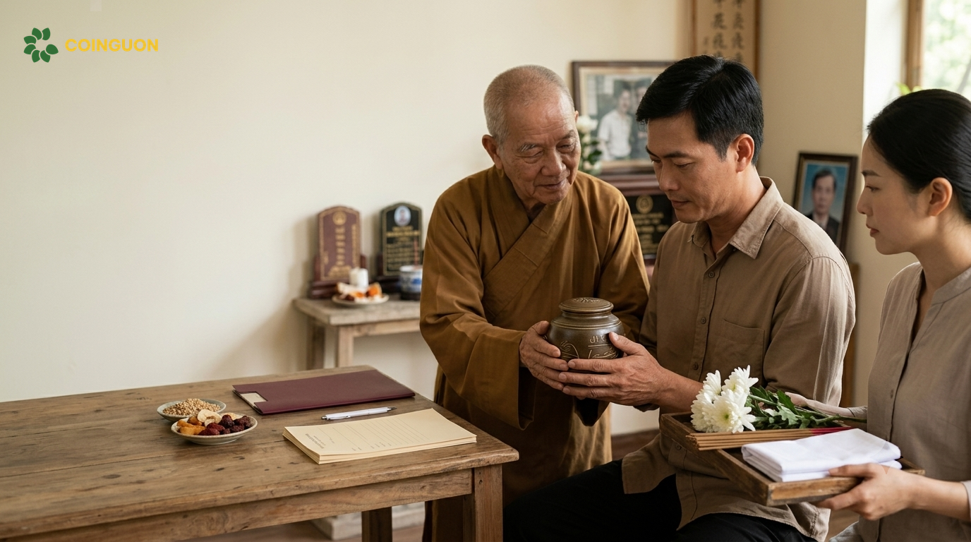 Gia đình chuẩn bị bình tro cốt, lễ vật và trao đổi với nhà sư về quy trình gửi tro cốt vào chùa - Cội Nguồn ORA