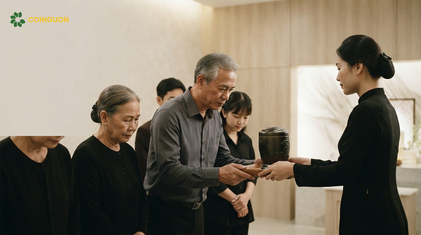 Quy trình hỏa táng hiện đại hoàn tất với nhân viên trao bình tro cốt trang trọng cho gia đình người mất - Cội Nguồn ORA