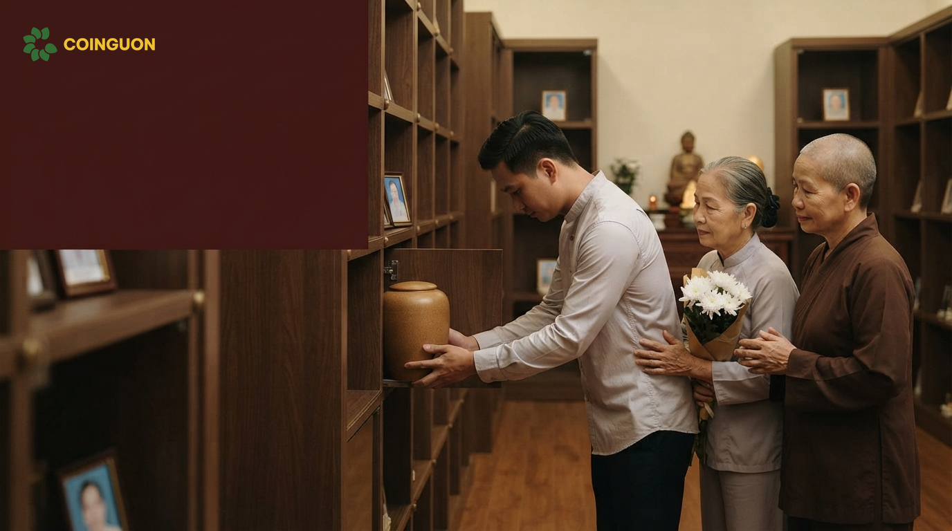 Gia đình thành kính an vị bình tro cốt của người đã mất tại khu lưu giữ tro cốt trong chùa sau lễ hỏa táng - Cội Nguồn ORA