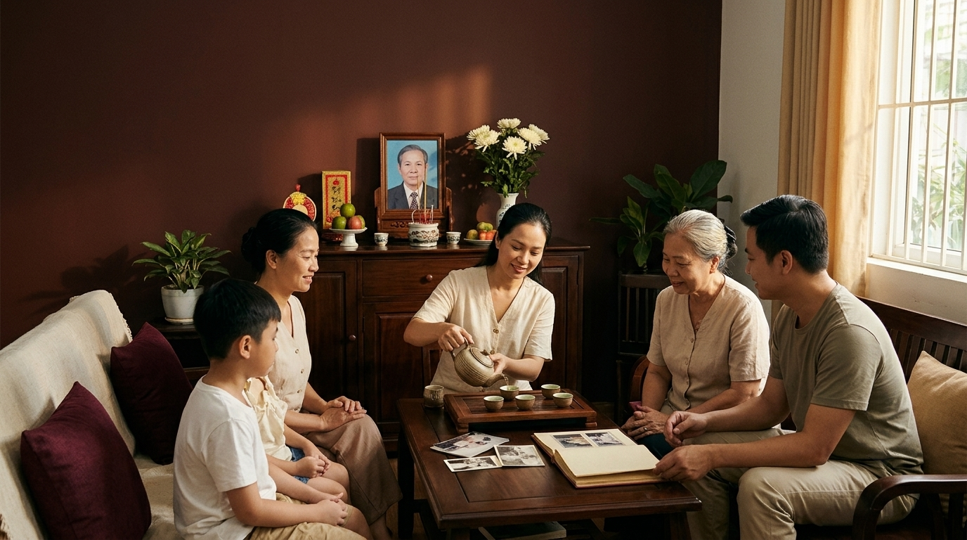 Gia đình nhiều thế hệ quây quần uống trà, chăm sóc bàn thờ gia tiên và gìn giữ ký ức tổ tiên sau lễ mãn tang - Cội Nguồn ORA