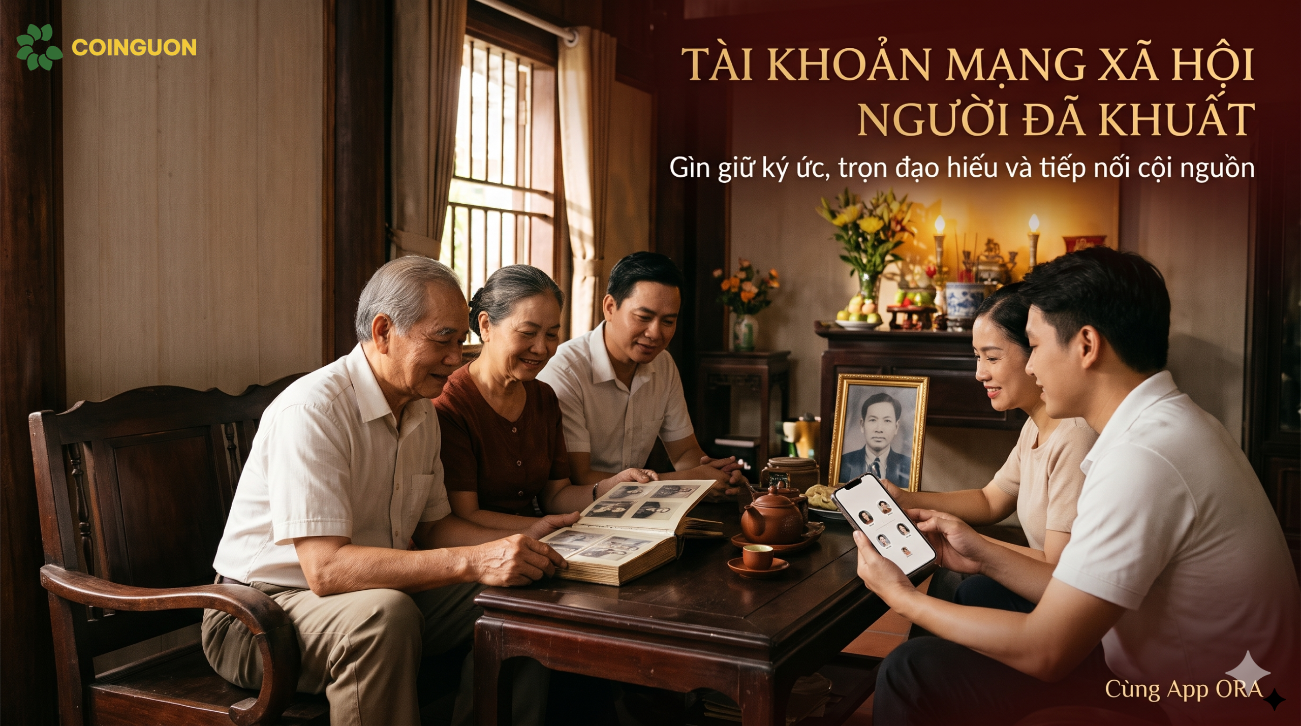 Gia đình nhiều thế hệ cùng xem gia phả số trên điện thoại, ôn lại ký ức về tổ tiên và gìn giữ truyền thống hiếu kính Việt Nam - Cội Nguồn ORA