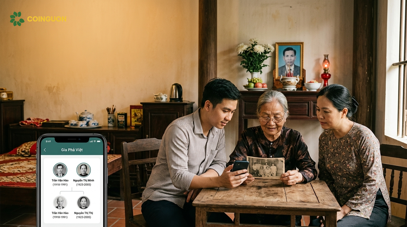 Ba thế hệ gia đình Việt cùng xem ảnh tổ tiên và cây gia phả số trên điện thoại, gìn giữ đạo hiếu và cội nguồn - Cội Nguồn ORA