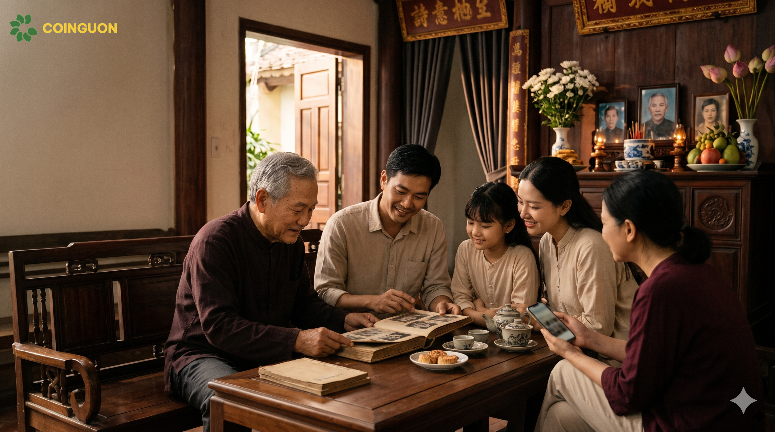 Gia đình Việt gìn giữ đạo hiếu và di sản gia phả qua những câu chuyện giữa các thế hệ, kết hợp điện thoại hiển thị cây gia đình số một cách tự nhiên và kín đáo - Cội Nguồn ORA