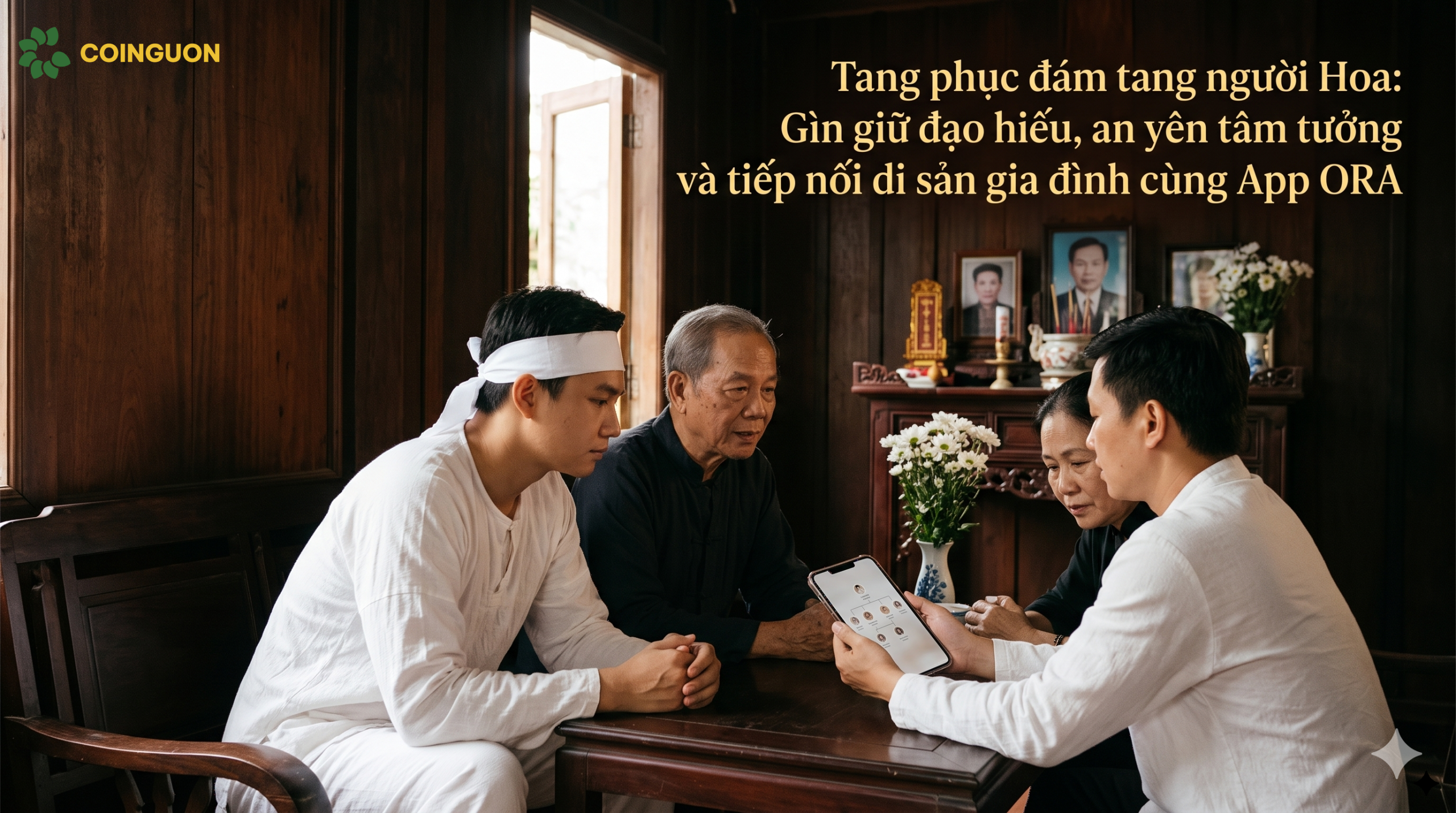 Các thế hệ gia đình người Hoa cùng tưởng nhớ tổ tiên và xem cây gia phả số trên điện thoại trong không gian ấm cúng, kết nối đạo hiếu với việc gìn giữ di sản gia đình bằng công nghệ - Cội Nguồn ORA