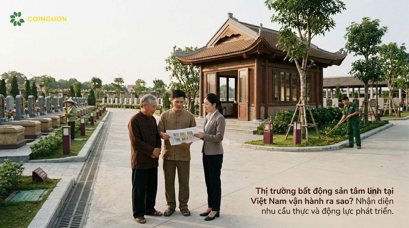 Hoạt động quản lý hoa viên nghĩa trang tại Việt Nam với nhân viên trao đổi sơ đồ mặt bằng cùng gia đình, thể hiện nhu cầu thực tế, quy hoạch và dịch vụ trong thị trường bất động sản tâm linh - Cội Nguồn ORA