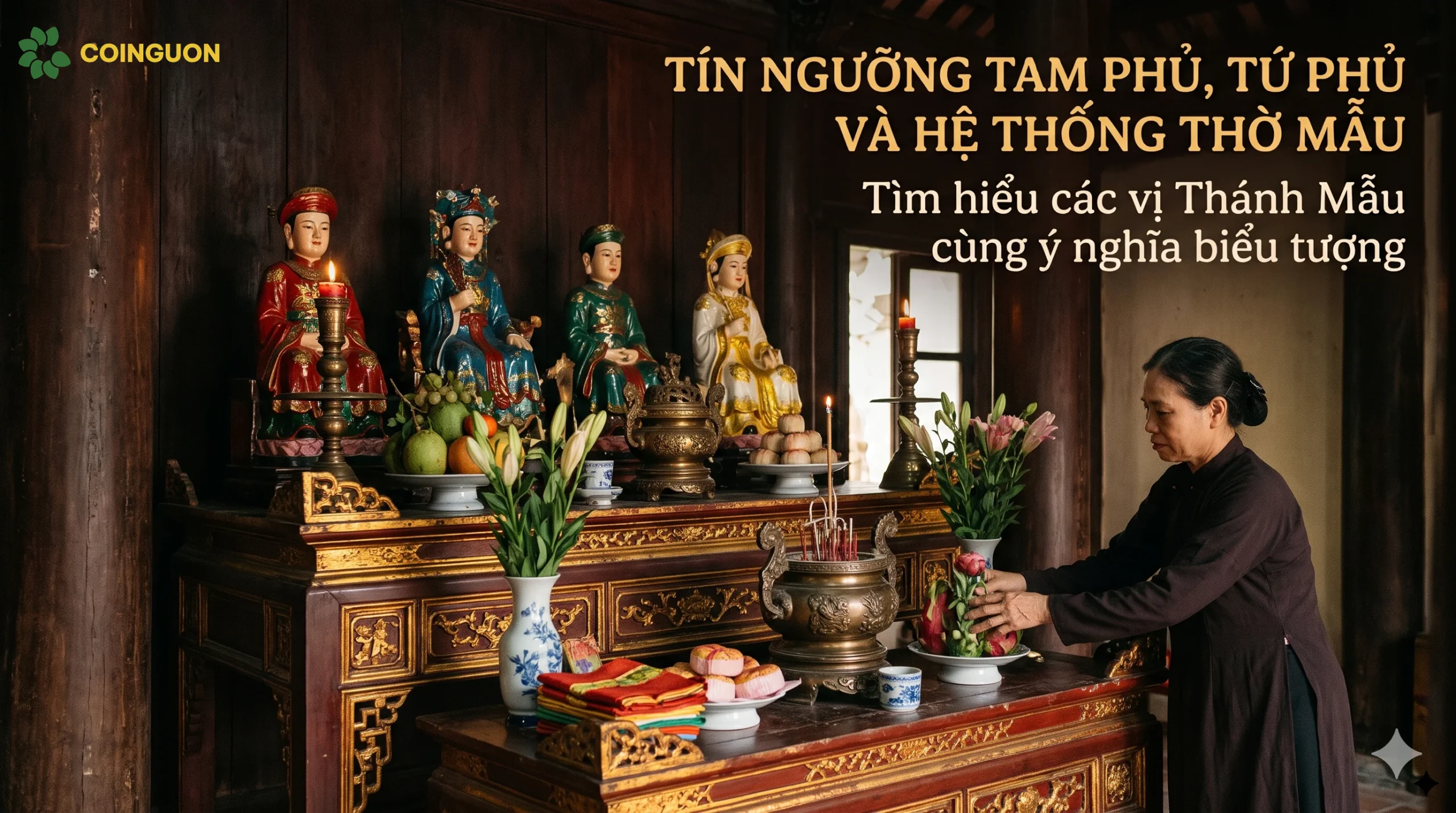 Bàn thờ Mẫu với đồ thờ truyền thống, hoa tươi và các tầng thờ được sắp đặt trang nghiêm, gợi ý nghĩa biểu tượng của hệ thống Tam phủ và Tứ phủ - Cội Nguồn ORA