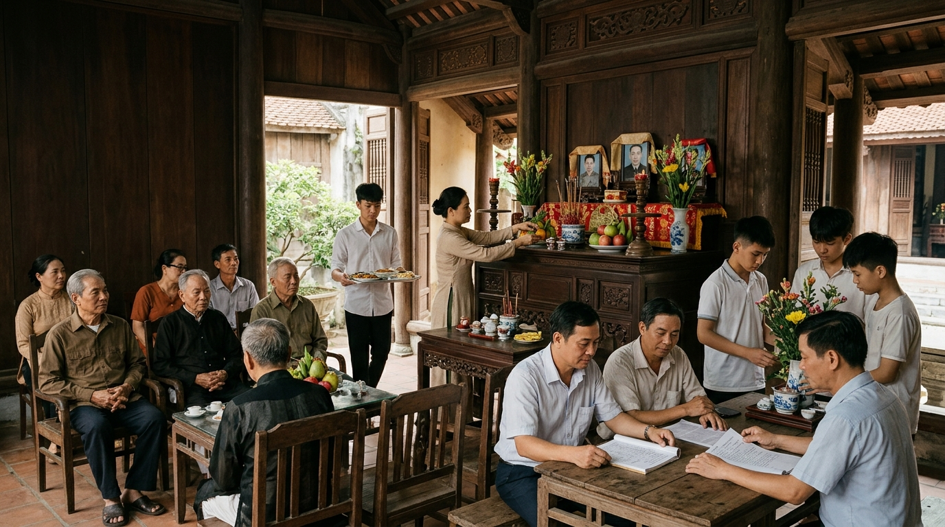 Tôn ty trật tự trong việc chung của dòng họ - Các thế hệ cùng chuẩn bị lễ giỗ tổ, sắp xếp lễ vật và gìn giữ nề nếp tại từ đường Việt Nam, Cội Nguồn ORA
