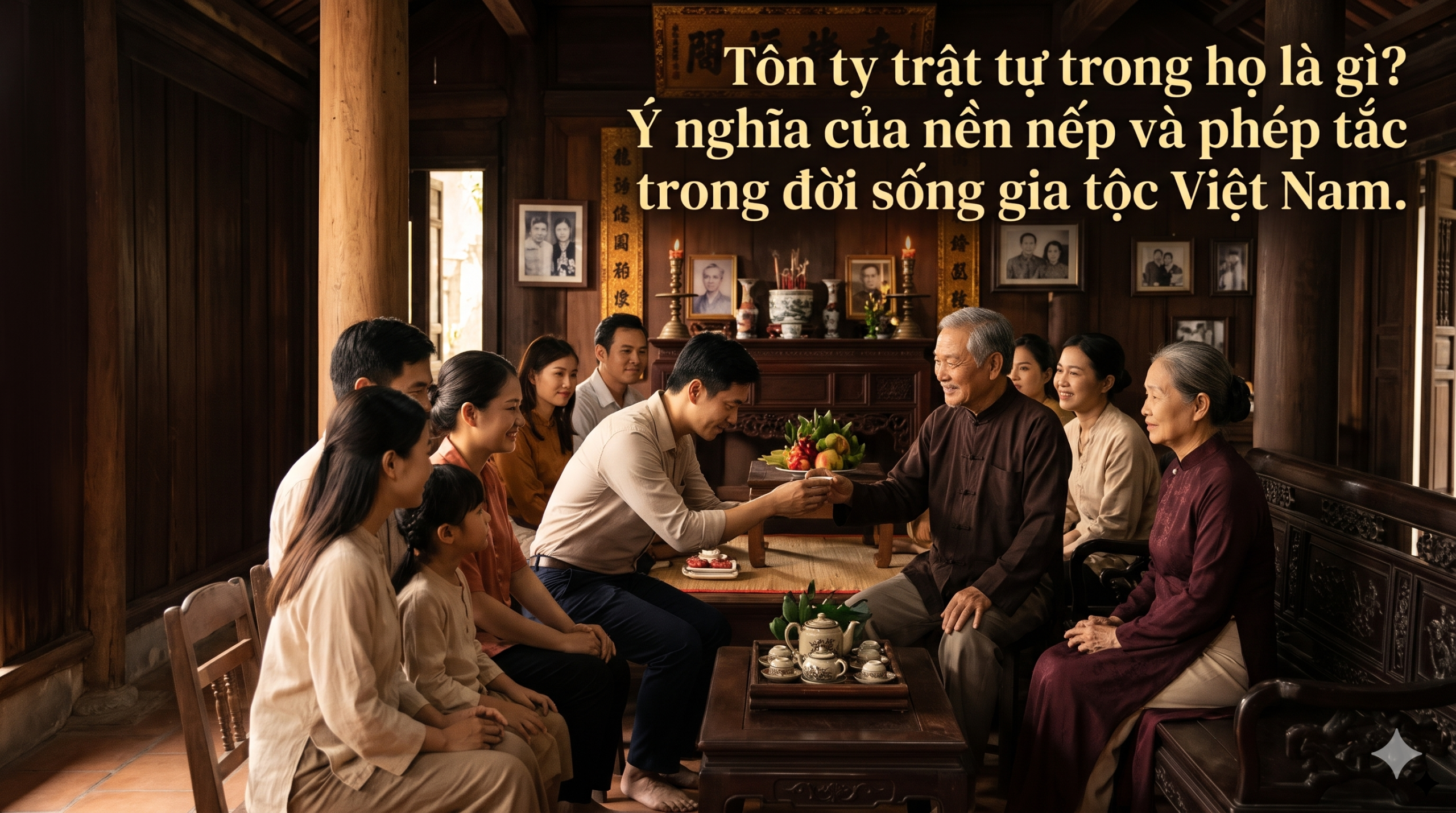 Tôn ty trật tự trong họ - Các thế hệ gia đình Việt Nam quây quần trong nhà thờ gia tiên, thể hiện sự kính trọng và nền nếp gia tộc, Cội Nguồn ORA