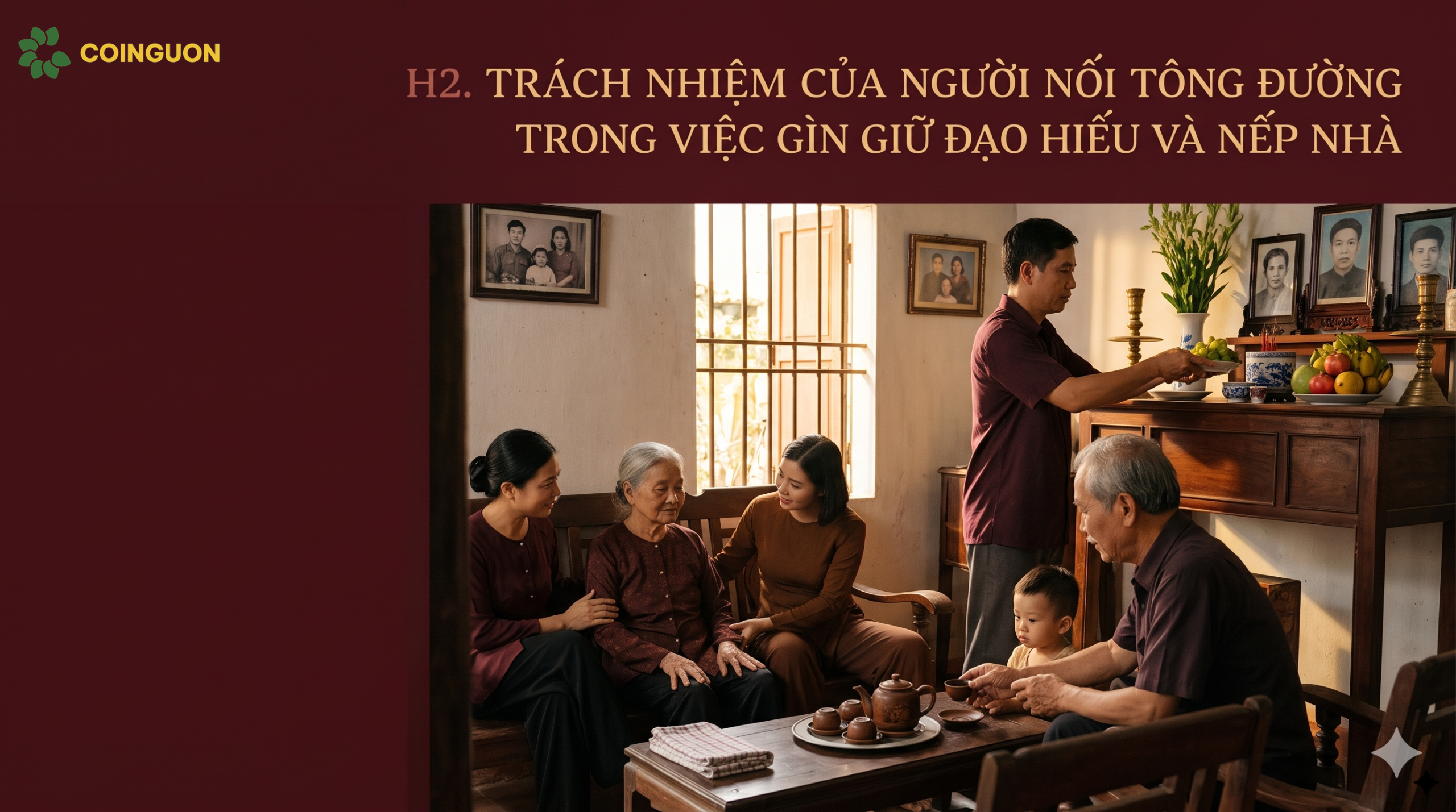 Con cháu cùng chăm sóc cha mẹ và chuẩn bị bàn thờ gia tiên trong ngôi nhà Việt, thể hiện đạo hiếu và trách nhiệm gìn giữ nếp nhà - Cội Nguồn ORA