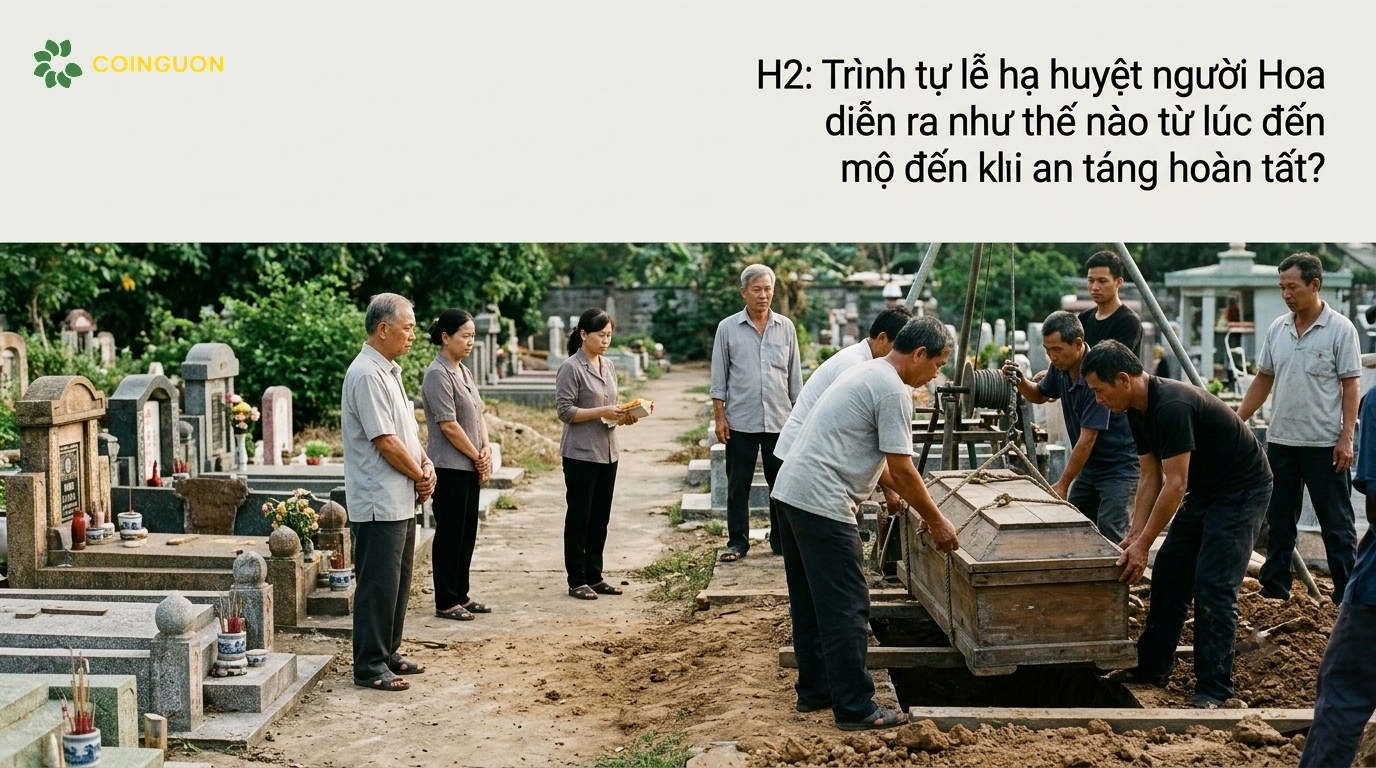 Trình tự lễ hạ huyệt người Hoa với quan tài được hạ xuống huyệt trong sự chứng kiến trang nghiêm của gia đình - Cội Nguồn ORA