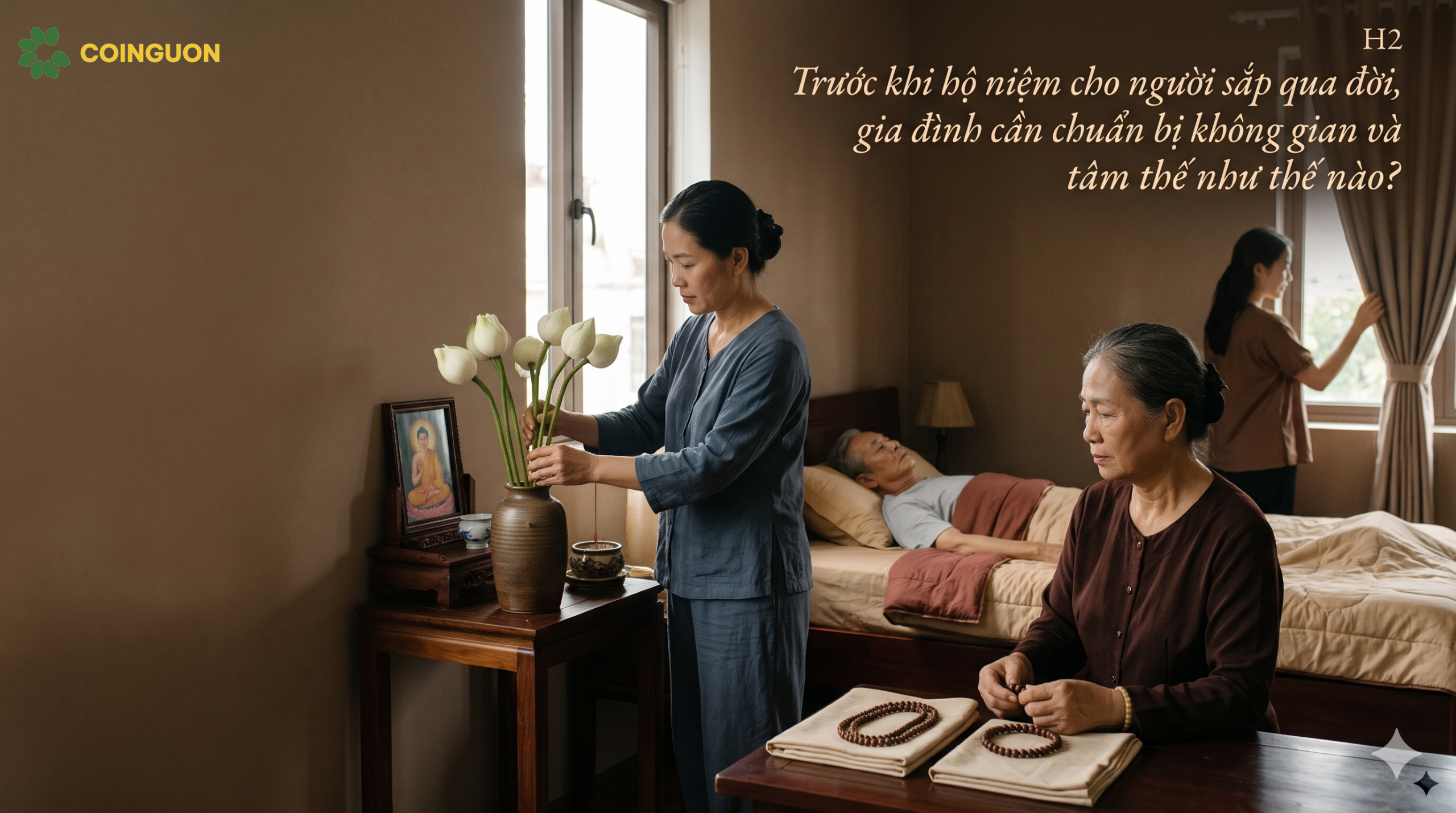 Gia đình chuẩn bị không gian yên tĩnh, hoa sen và chuỗi tràng hạt trước khi hộ niệm cho người thân, thể hiện sự chu đáo và tâm thế bình an - Cội Nguồn ORA