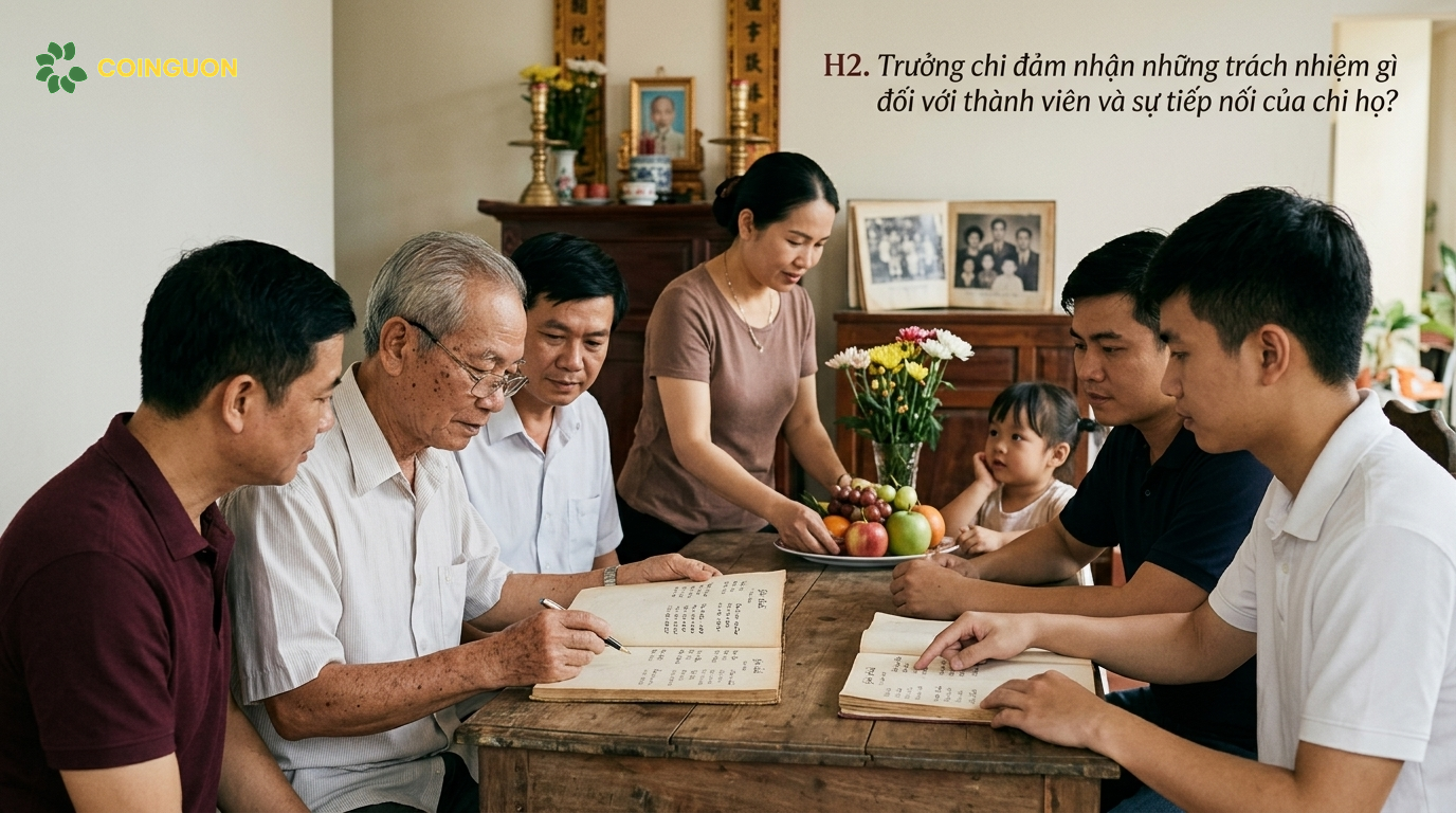 Trưởng chi cùng con cháu rà soát gia phả và chuẩn bị việc thờ cúng tổ tiên, thể hiện trách nhiệm gìn giữ kết nối và tiếp nối truyền thống gia đình - Cội Nguồn ORA
