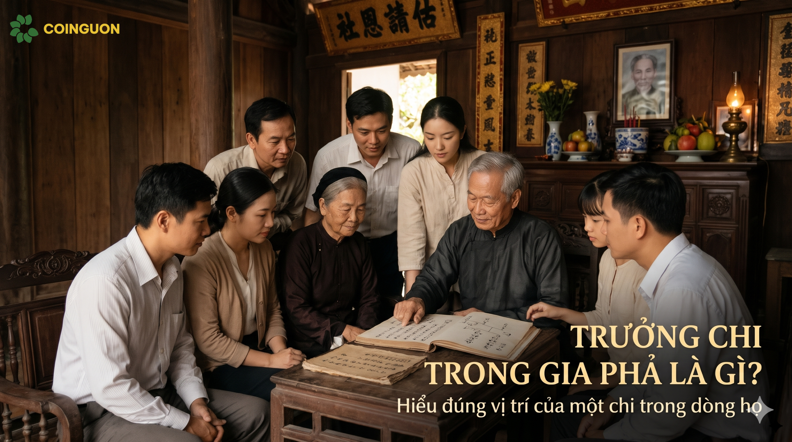 Trưởng chi cùng các thành viên xem gia phả bên bàn thờ tổ tiên trong ngôi nhà truyền thống Việt Nam, thể hiện vị trí và vai trò của một chi trong dòng họ - Cội Nguồn ORA