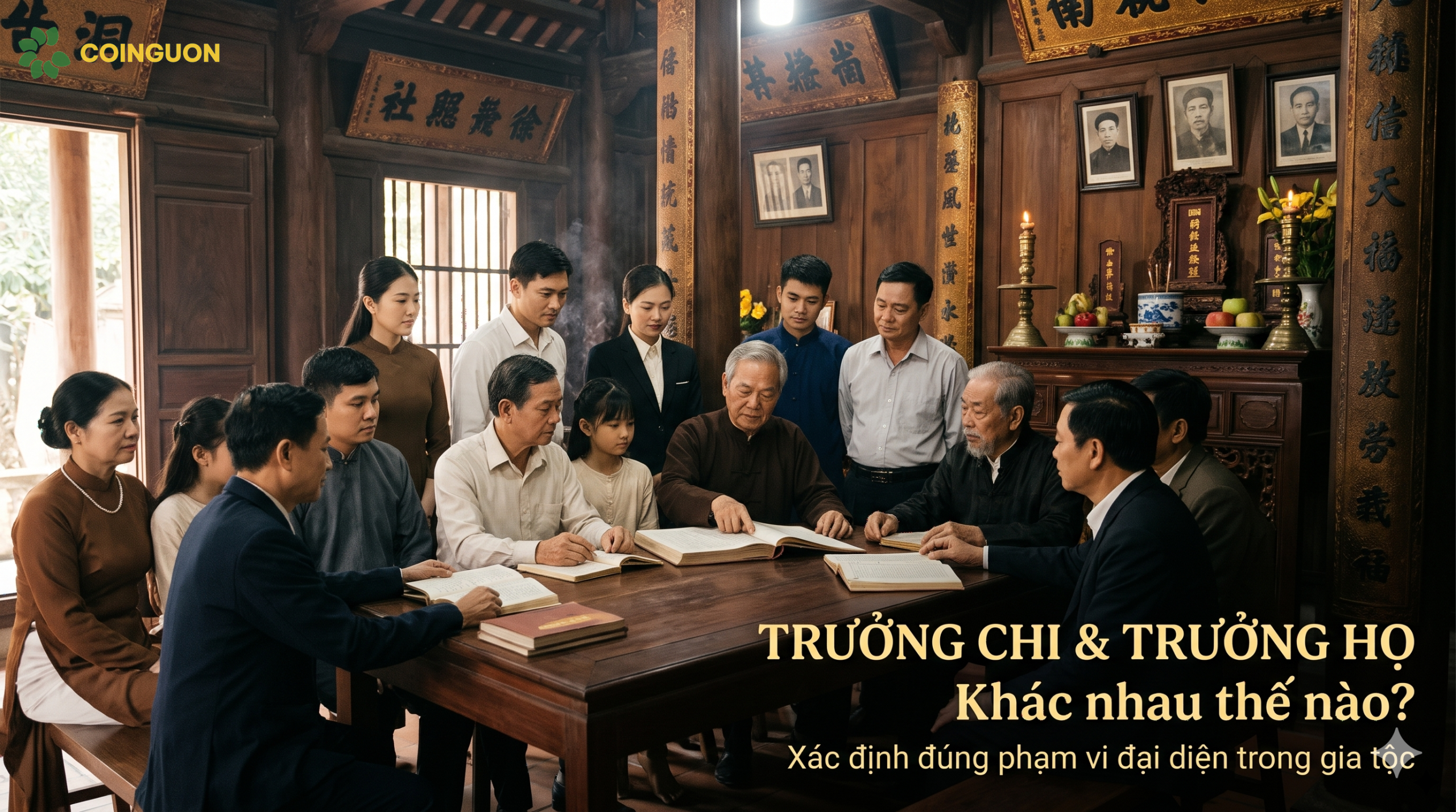 Trưởng họ và các trưởng chi cùng trao đổi gia phả trong nhà thờ họ Việt Nam, thể hiện phạm vi đại diện của toàn dòng họ và từng chi nhánh - Cội Nguồn ORA